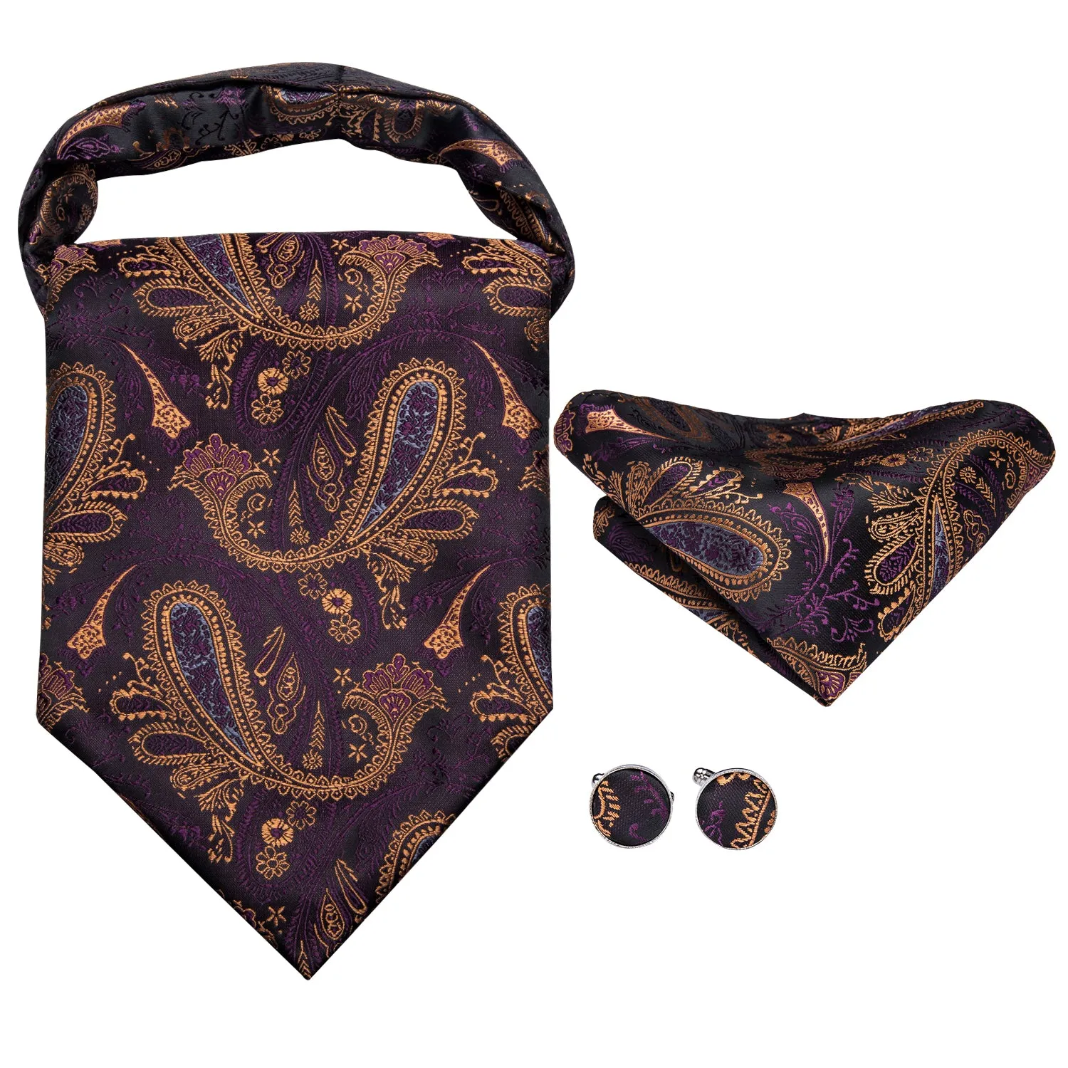 Brown Purple Paisley Silk Ascot Cravat Pocket Square Cufflinks Set sold by Ties2You product image thumbnail 2