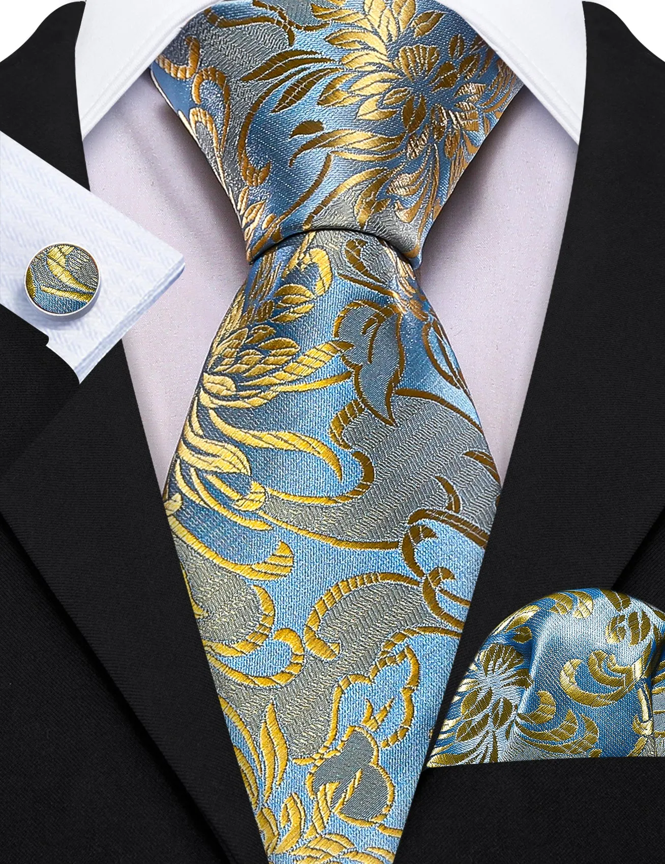 Ties2you Gold Floral Silk Tie Sky Blue Wedding Formal Necktie Handkercheif Cufflinks Set sold by Ties2You product image thumbnail 3