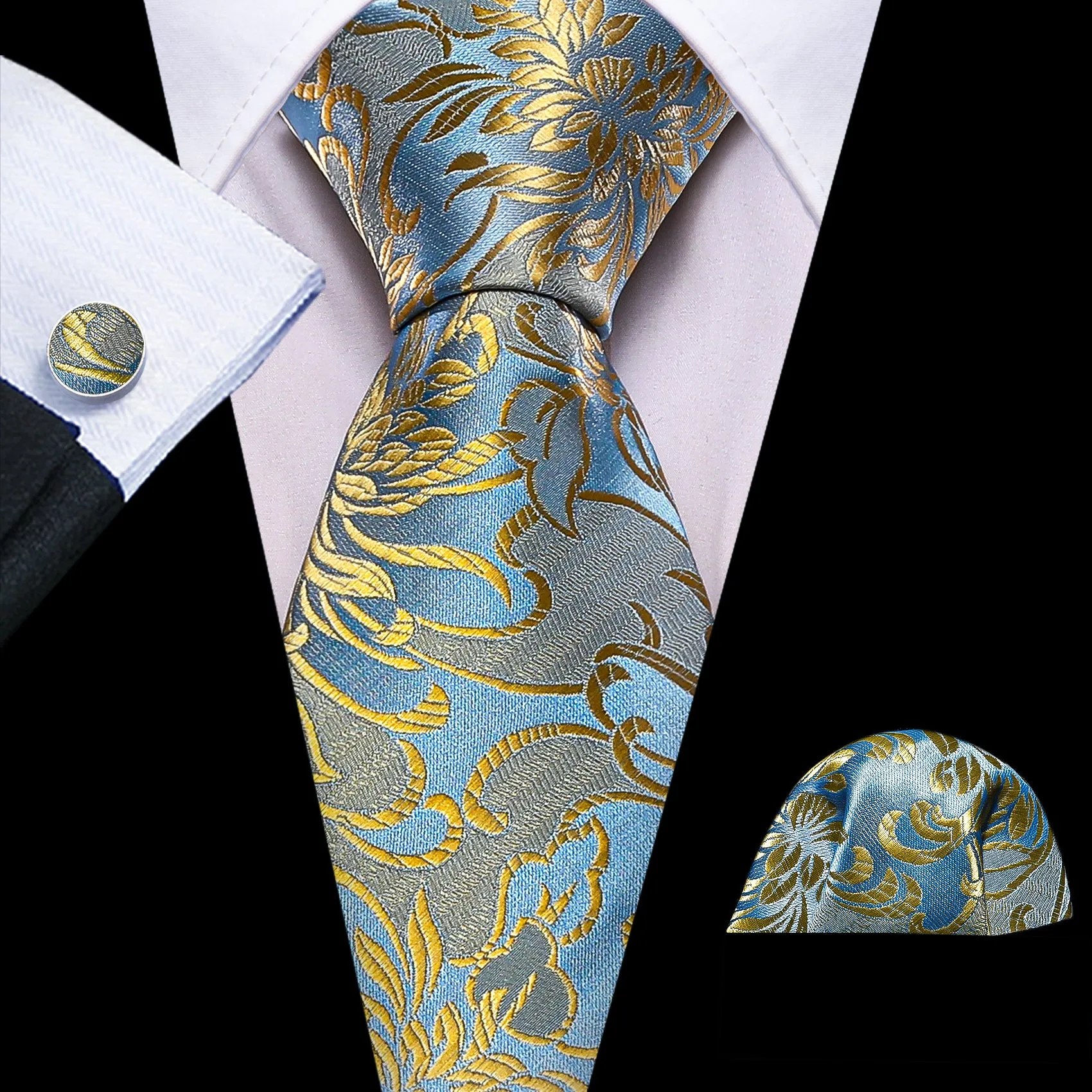 Ties2you Gold Floral Silk Tie Sky Blue Wedding Formal Necktie Handkercheif Cufflinks Set sold by Ties2You