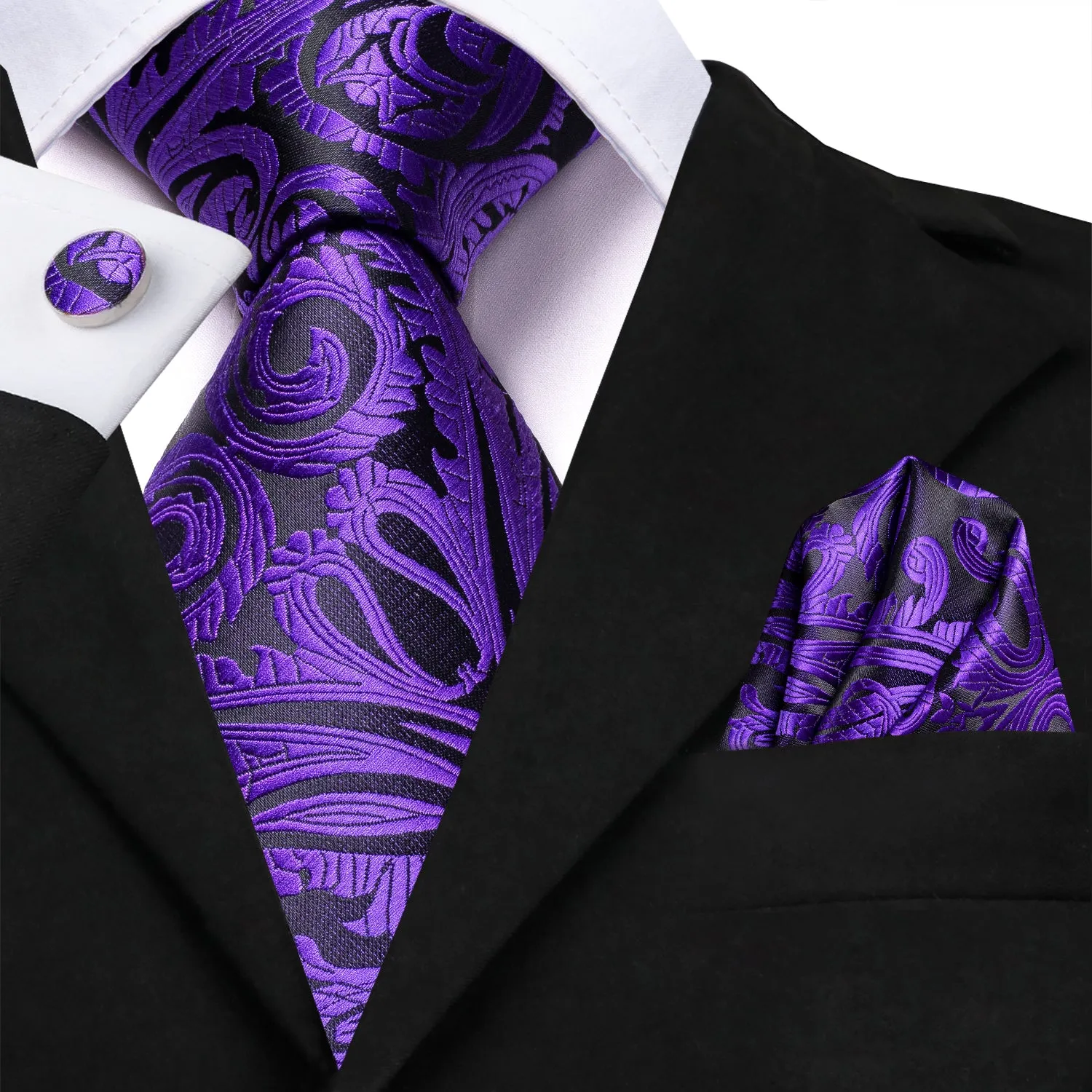 Ties2you Mens Silk Necktie Purple Paislay Prom Tie Pocket Square Cufflinks Set sold by Ties2You product image thumbnail 2