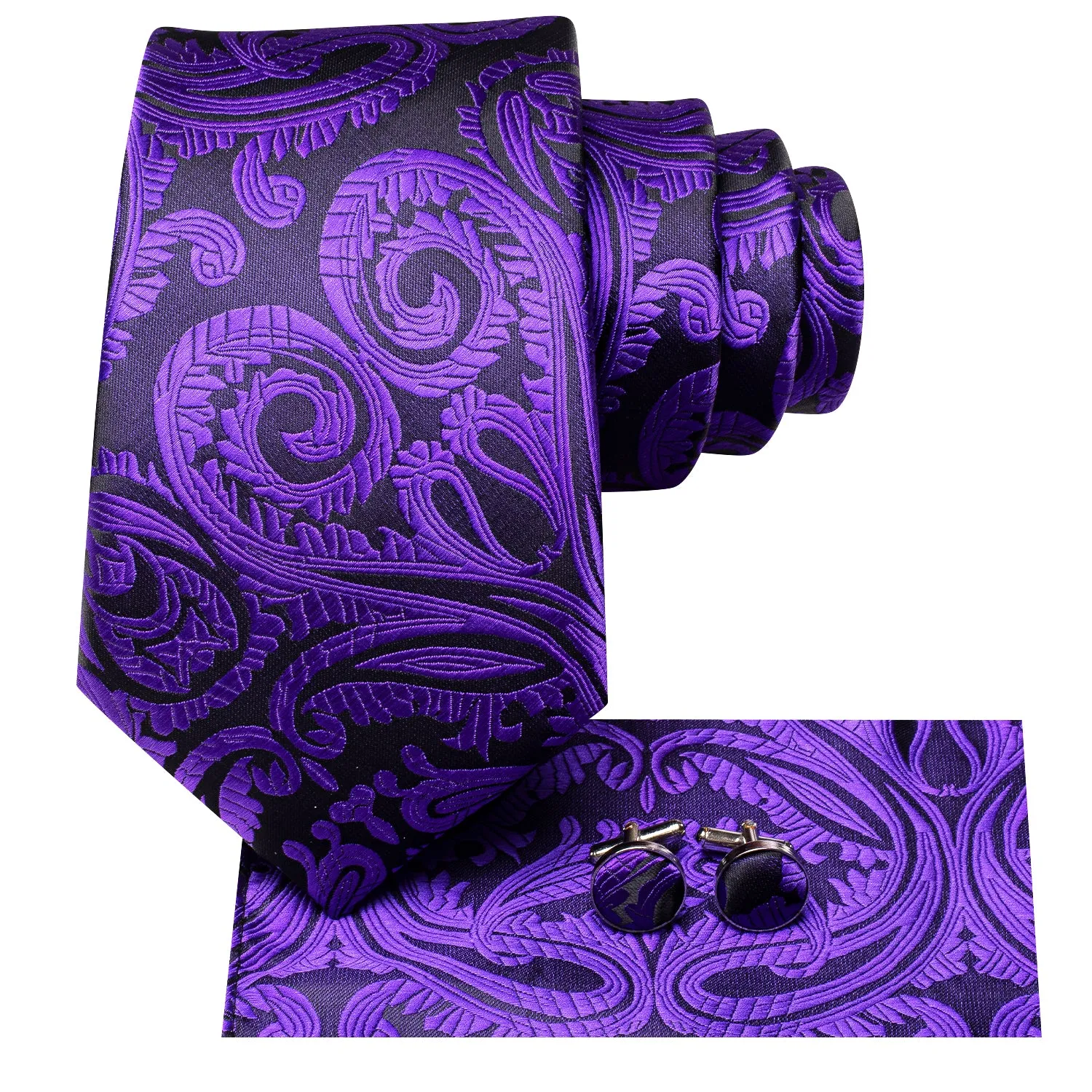 Ties2you Mens Silk Necktie Purple Paislay Prom Tie Pocket Square Cufflinks Set sold by Ties2You product image thumbnail 3