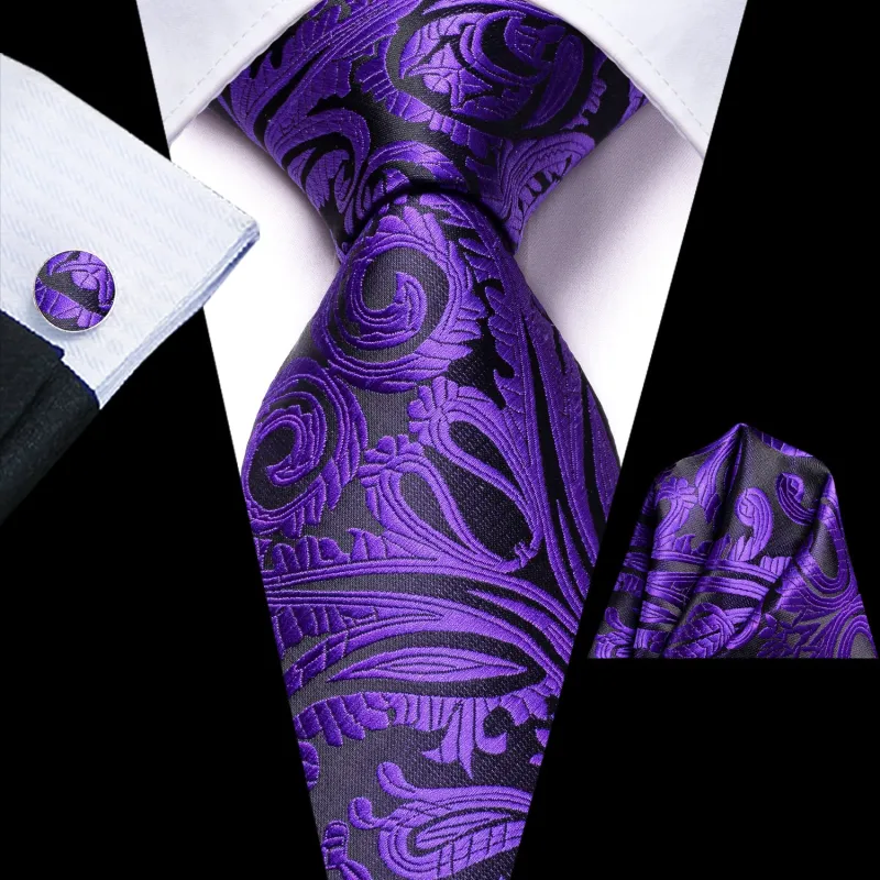 Ties2you Mens Silk Necktie Purple Paislay Prom Tie Pocket Square Cufflinks Set sold by Ties2You