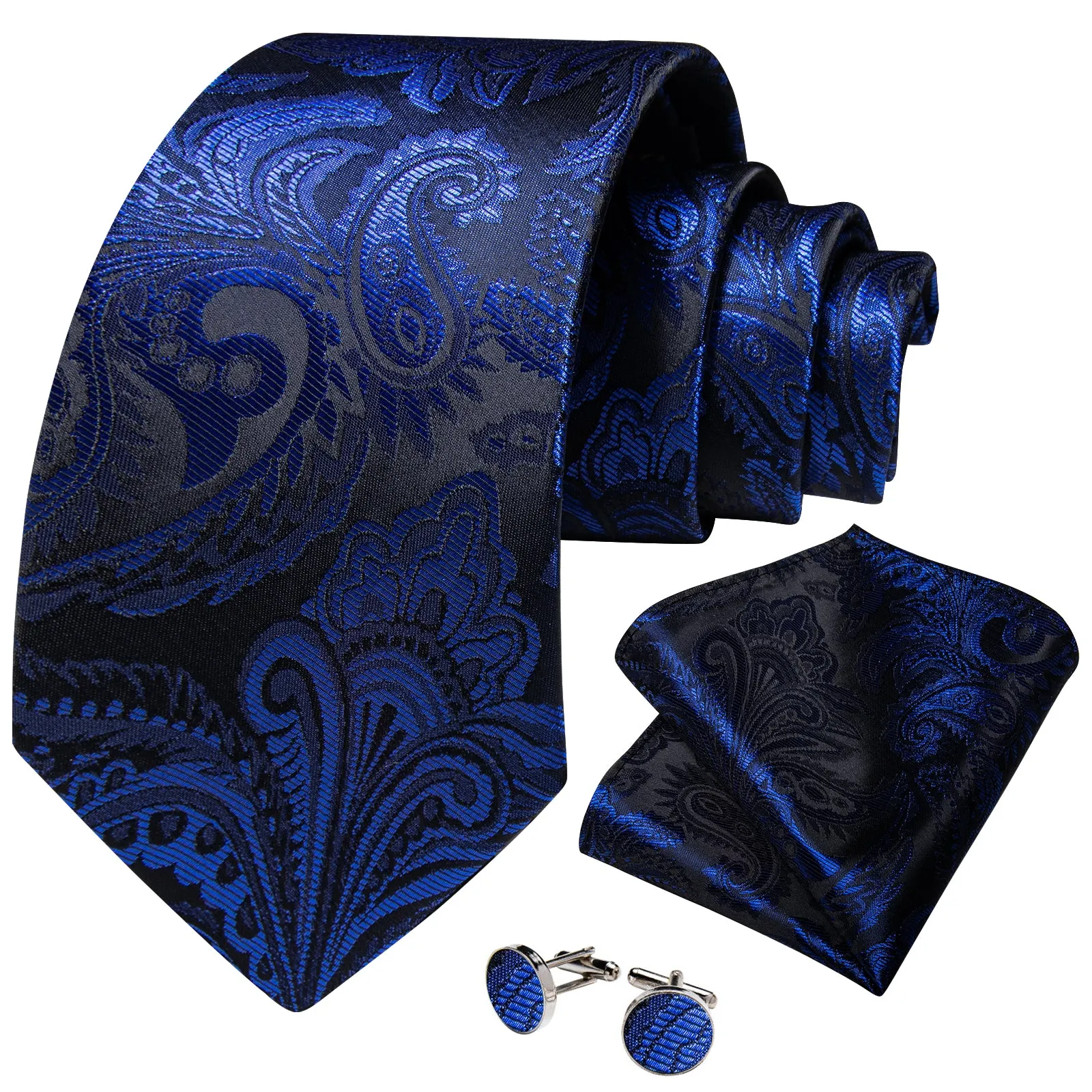 Ties2you Royal Blue Paisley Necktie Party Black Silk Tie Pocket Square Cufflinks Set sold by Ties2You product image thumbnail 2