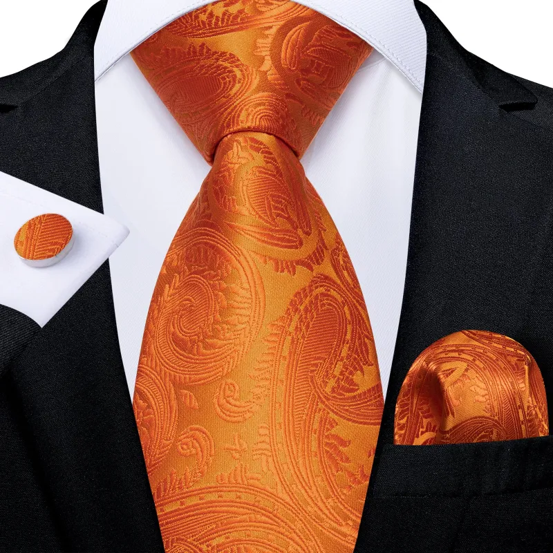 Ties2you Mens Orange Silk Tie Paisley Wedding Business Necktie Hanky Cufflinks Set sold by Ties2You