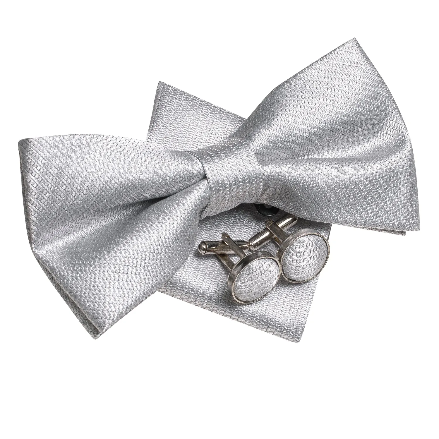 Silver White Solid Men's Pre-tied Bowtie Pocket Square Cufflinks Set sold by Ties2You product image thumbnail 5