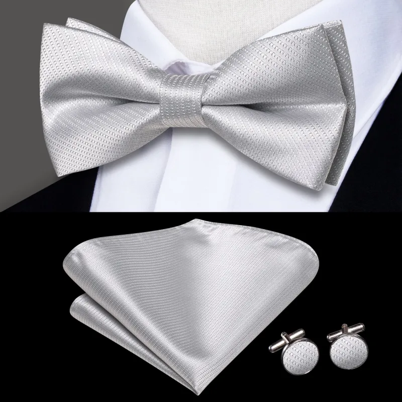 Silver White Solid Men's Pre-tied Bowtie Pocket Square Cufflinks Set made by Ties2You