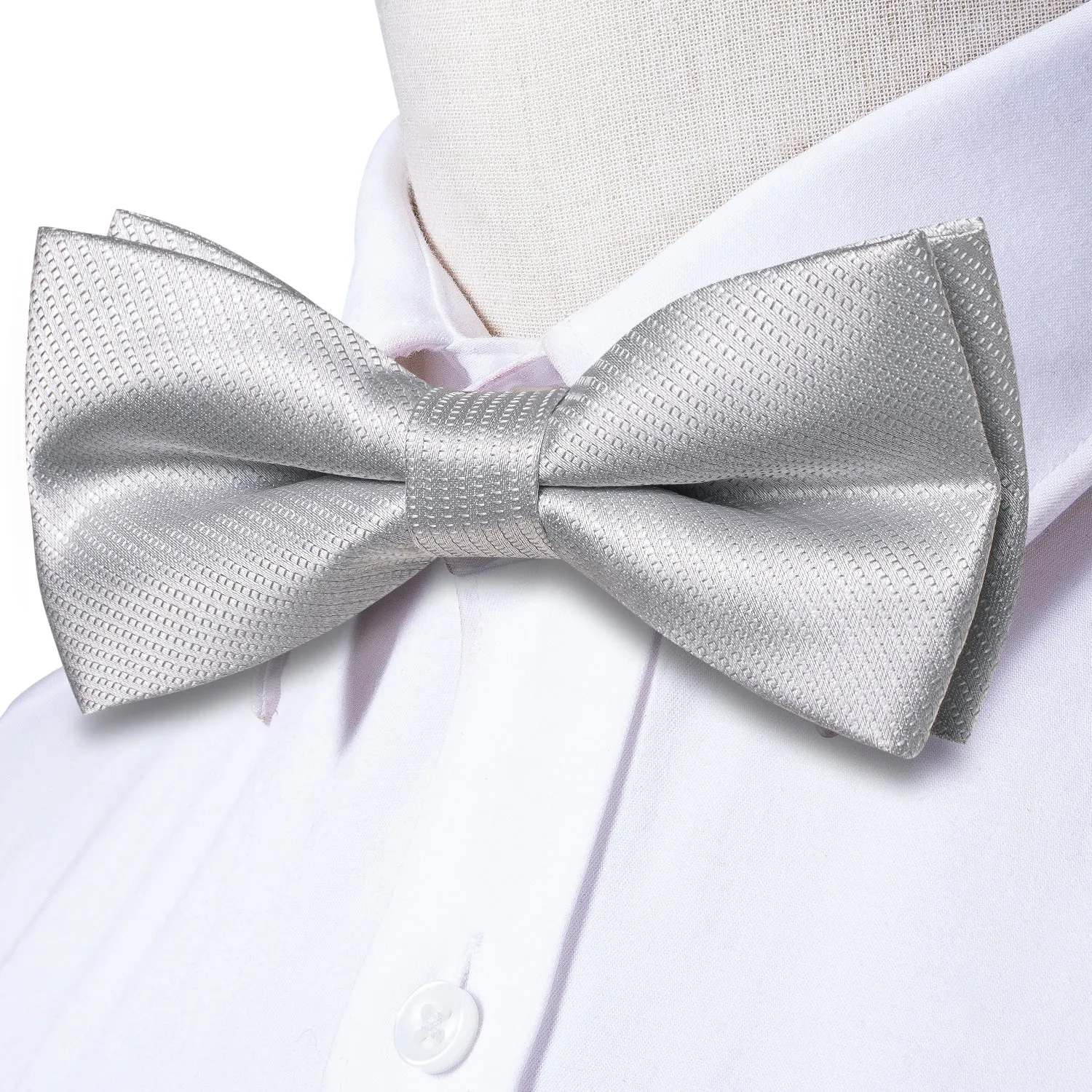 Silver White Solid Men's Pre-tied Bowtie Pocket Square Cufflinks Set sold by Ties2You product image thumbnail 4