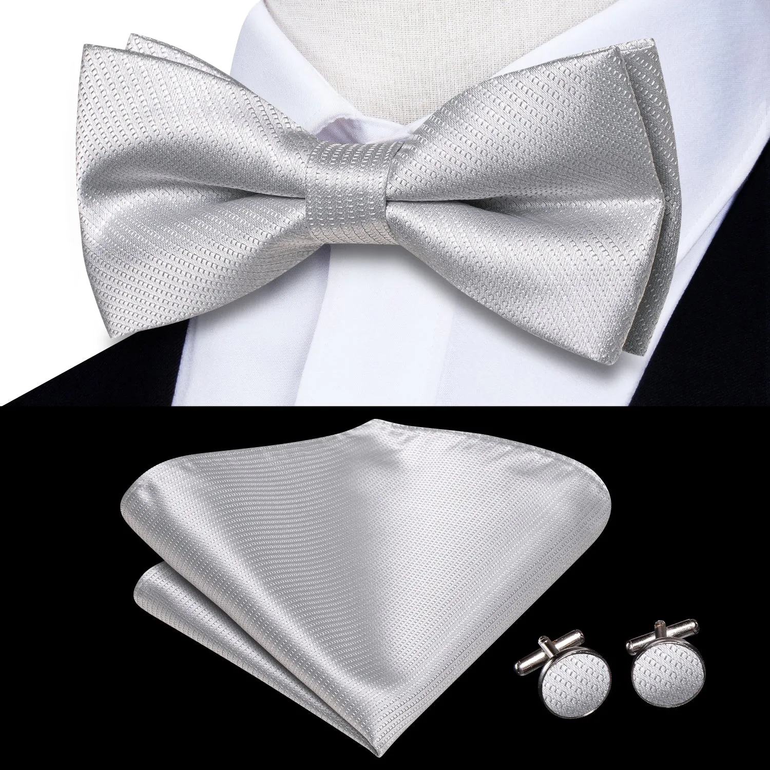 Silver White Solid Men's Pre-tied Bowtie Pocket Square Cufflinks Set sold by Ties2You product image thumbnail 2