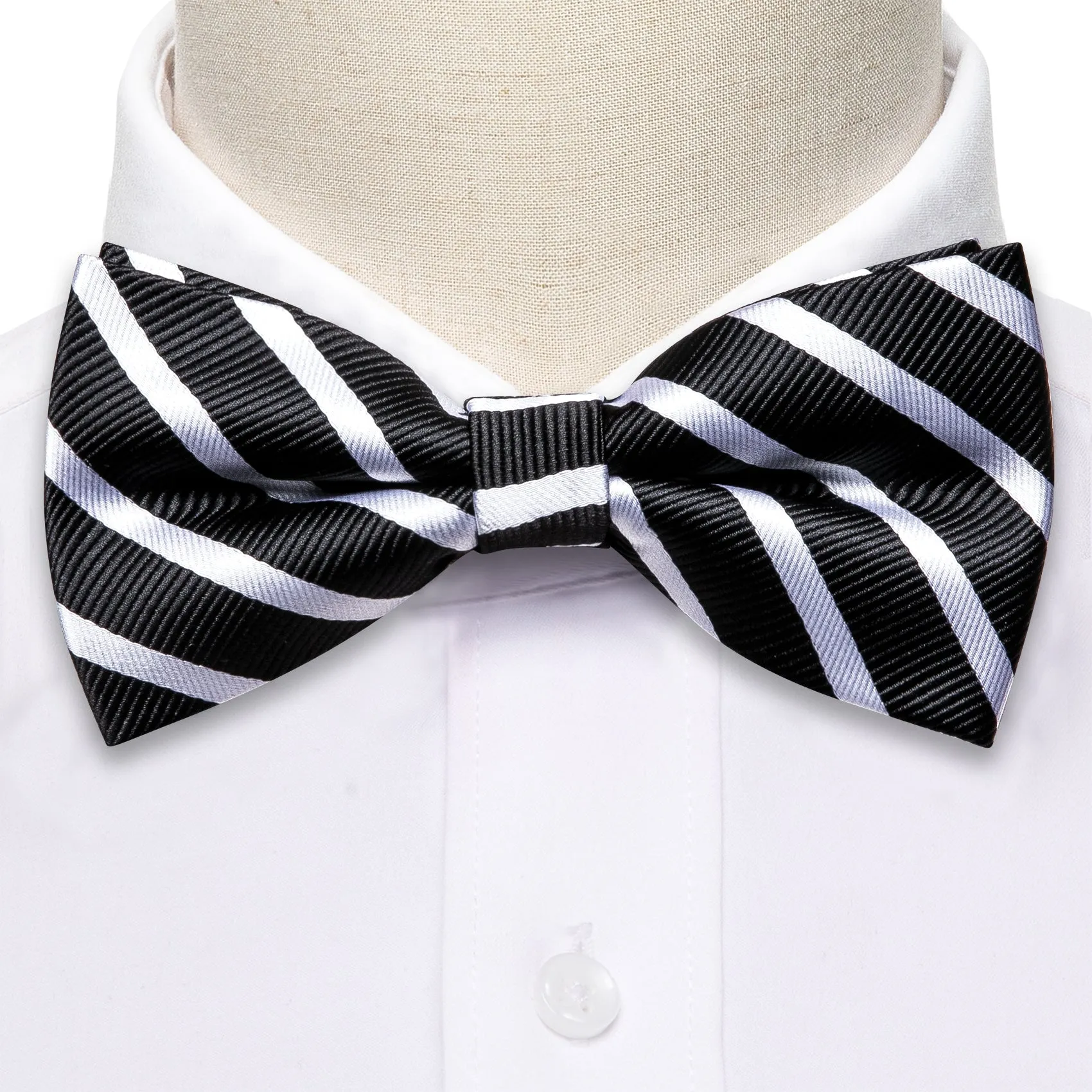 Black White Striped Men's Pre-tied Bowtie Pocket Square Cufflinks Set sold by Ties2You product image thumbnail 3