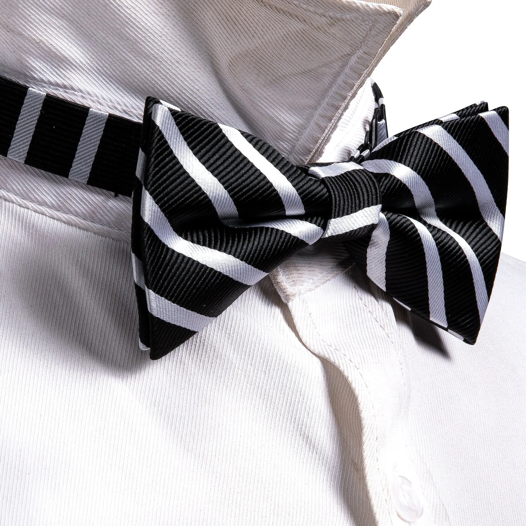 Black White Striped Men's Pre-tied Bowtie Pocket Square Cufflinks Set sold by Ties2You product image thumbnail 4