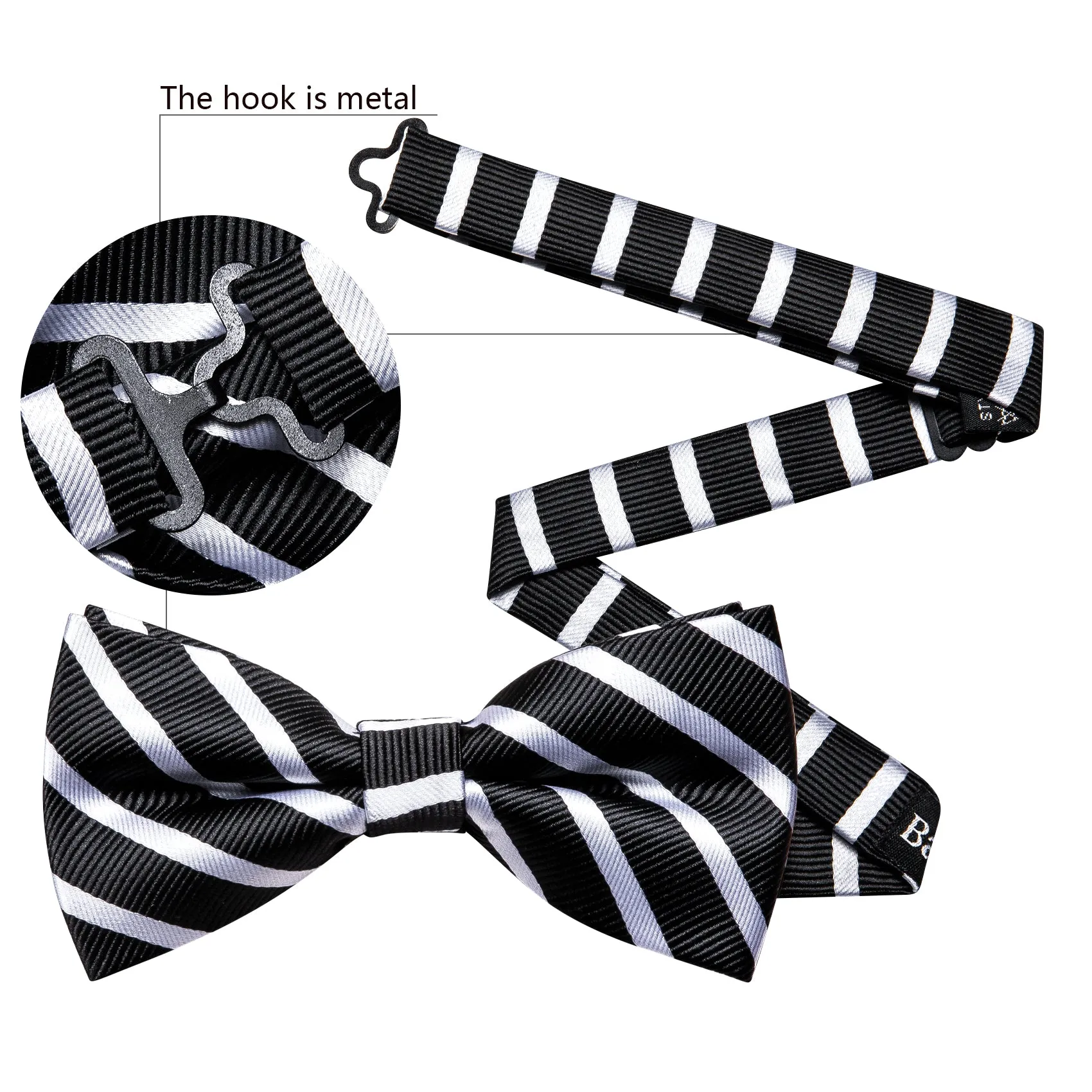 Black White Striped Men's Pre-tied Bowtie Pocket Square Cufflinks Set sold by Ties2You product image thumbnail 5