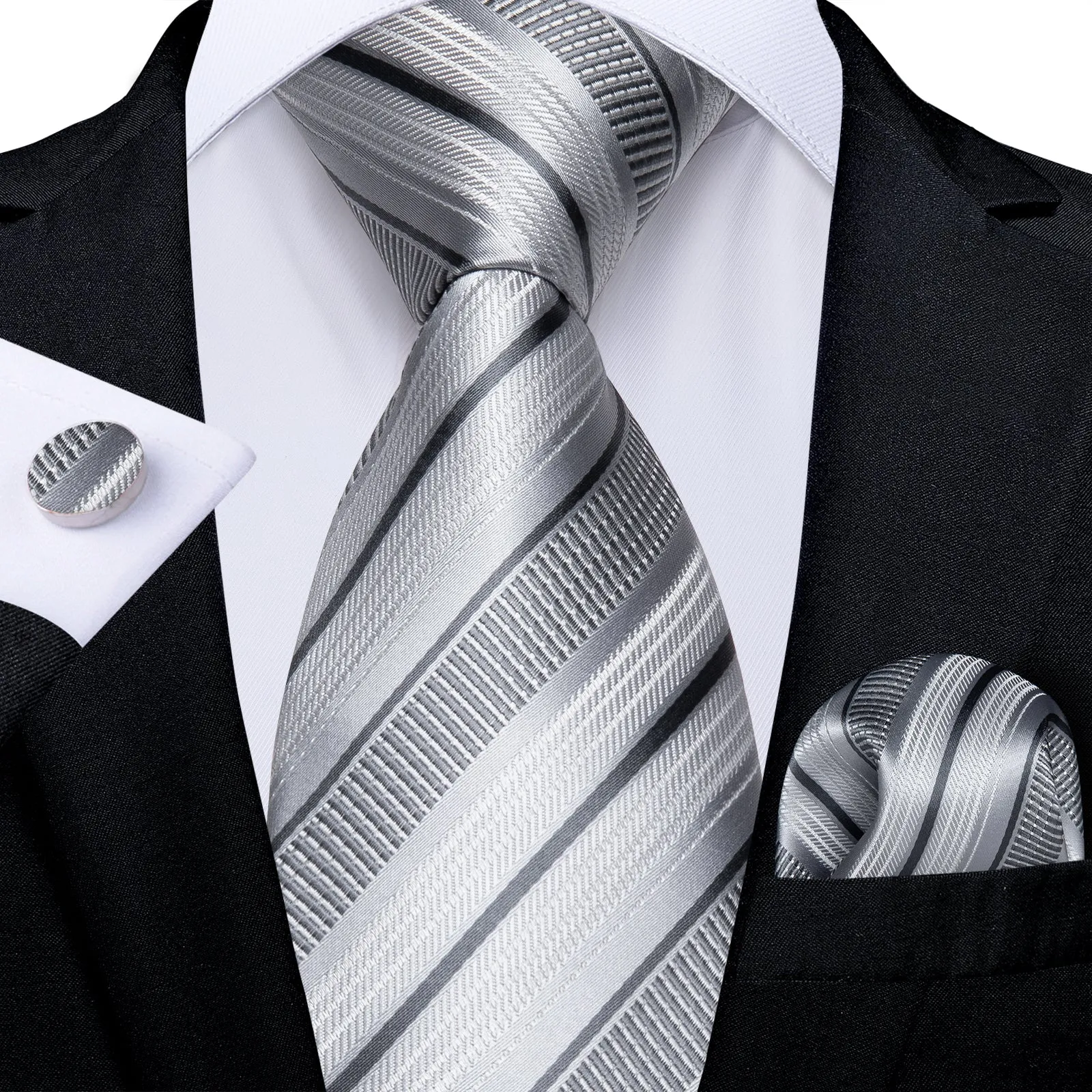Ties2you Mens Striped Business Tie Silver Silk Suit Necktie Hanky Cufflinks Set sold by Ties2You