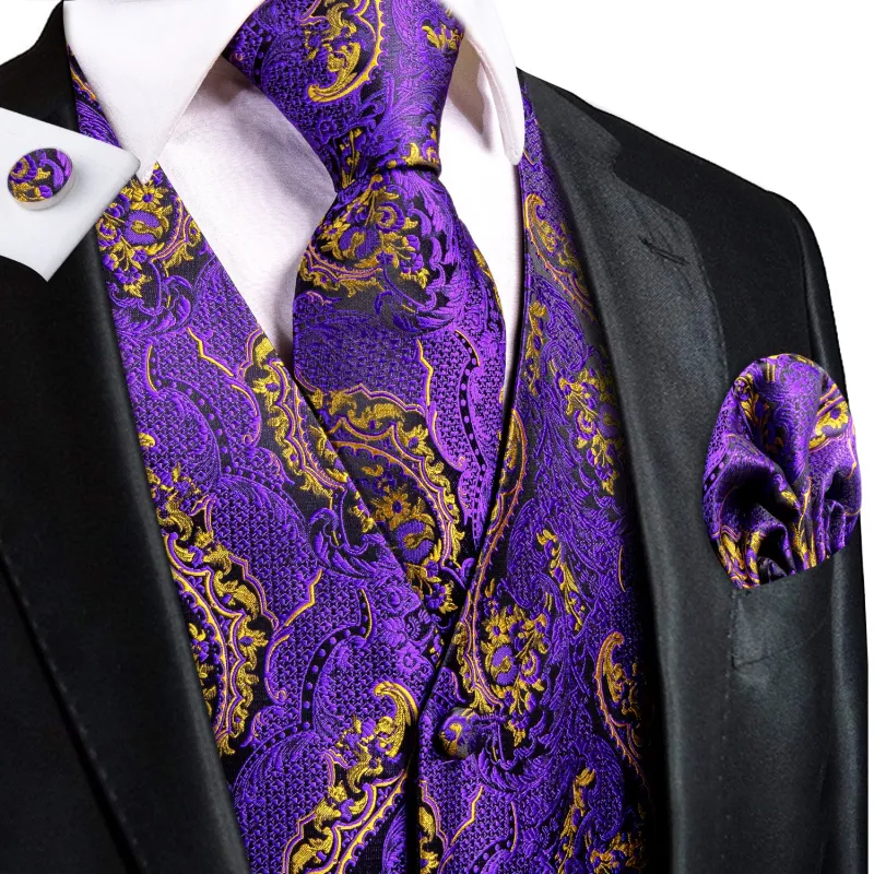 Ties2you Mens Purple Suit Vest Gold Paisley Jacquard Formal Vest Tie Hanky Cufflinks Set made by Ties2You