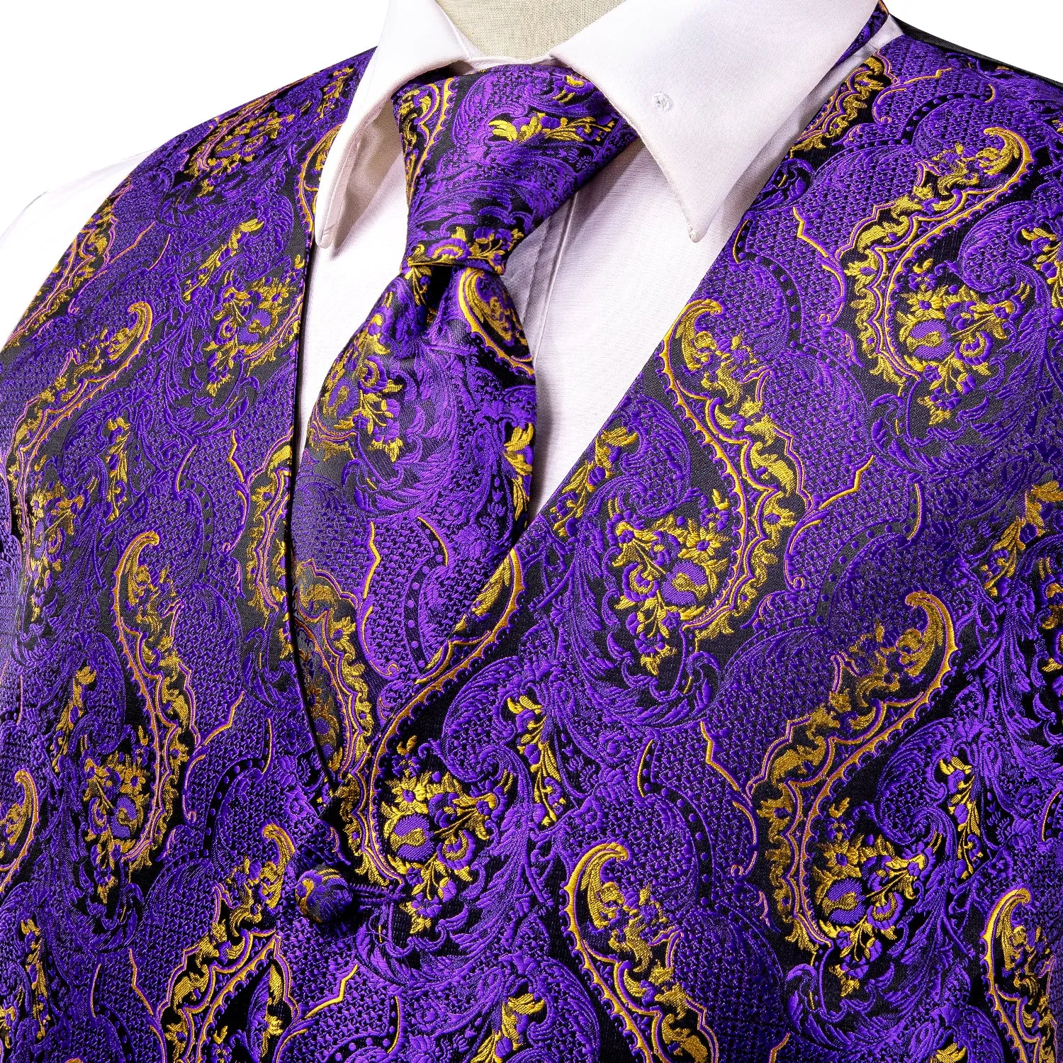 Ties2you Mens Purple Suit Vest Gold Paisley Jacquard Formal Vest Tie Hanky Cufflinks Set sold by Ties2You product image thumbnail 2