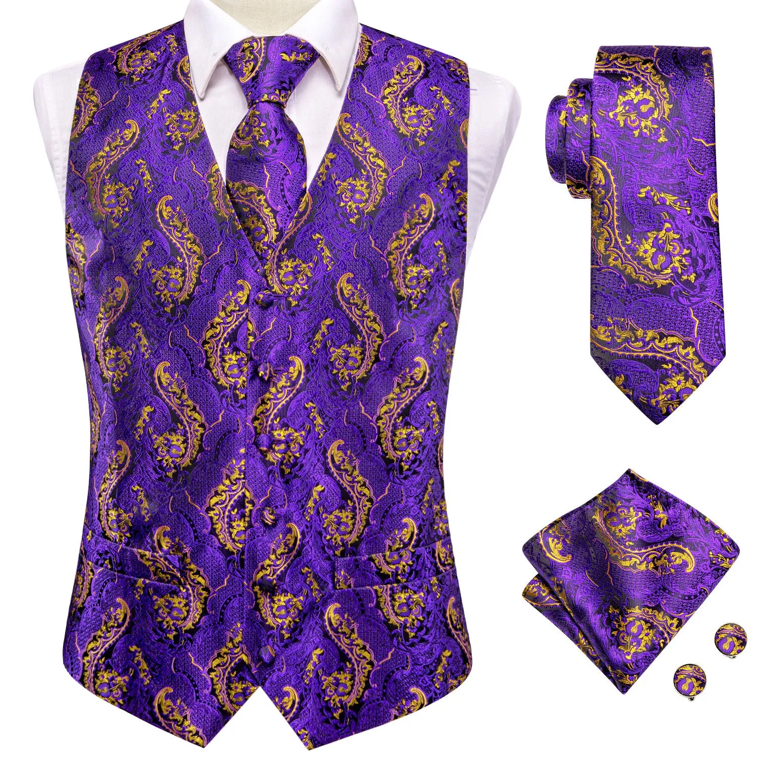 Ties2you Mens Purple Suit Vest Gold Paisley Jacquard Formal Vest Tie Hanky Cufflinks Set sold by Ties2You product image thumbnail 5