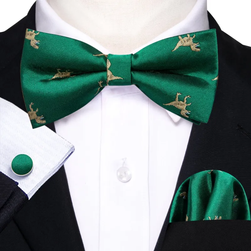 Green Dinosaur Pre-tied Bow Tie Hanky Cufflinks Set sold by Ties2You