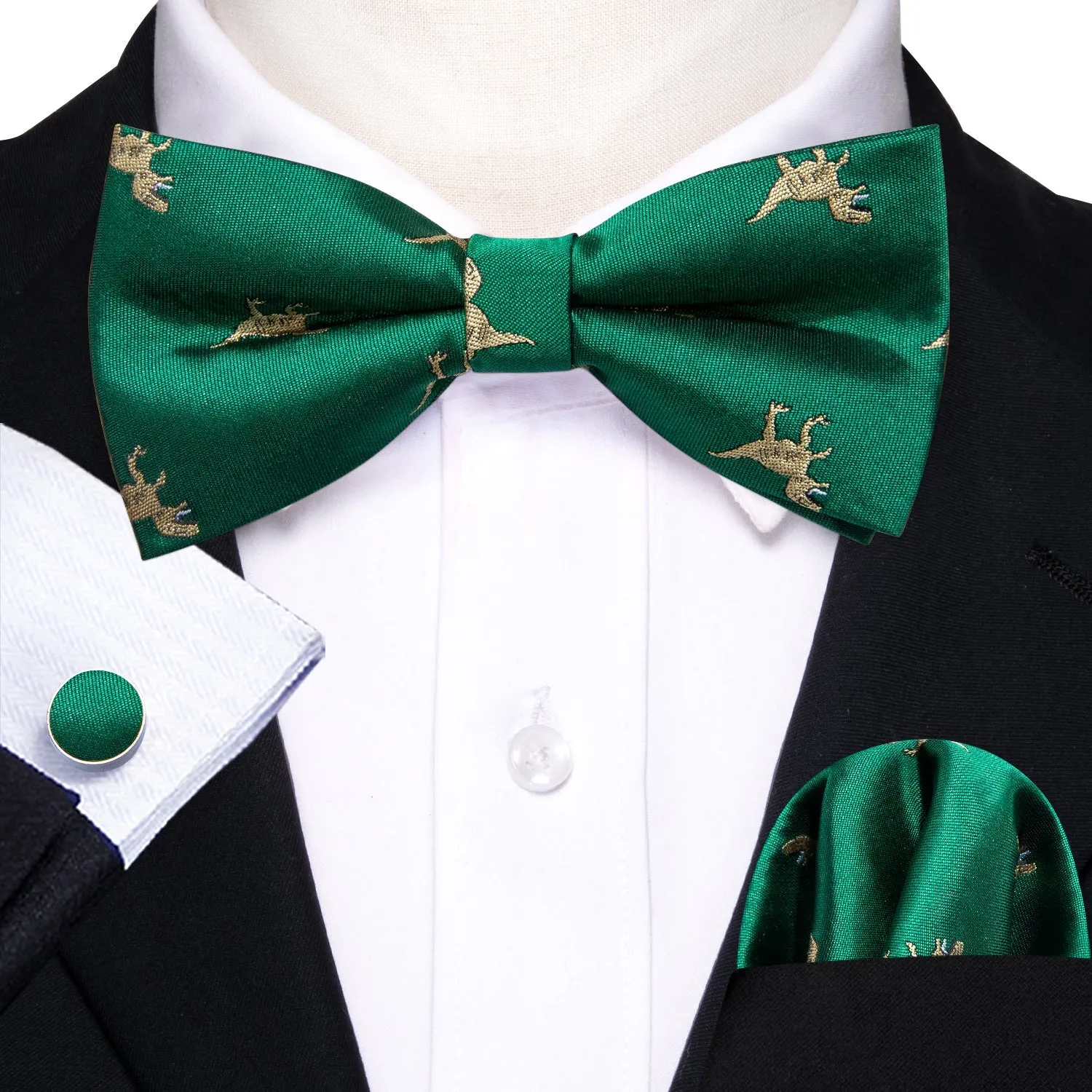 Green Dinosaur Pre-tied Bow Tie Hanky Cufflinks Set sold by Ties2You