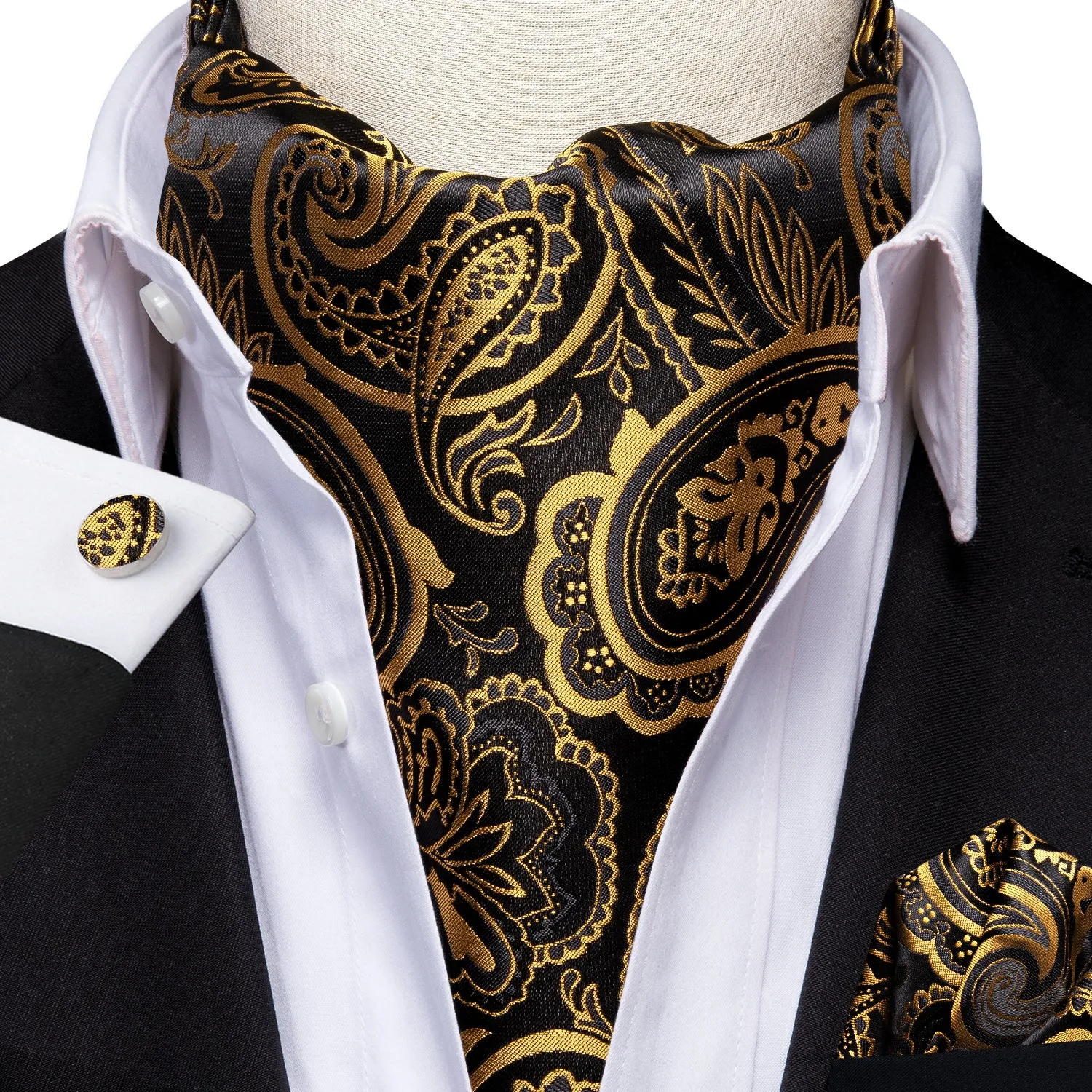 Ties2you Gold Paisley Ascot Necktie Men Casual Cravat Tie Pocket Square Cufflinks Set sold by Ties2You