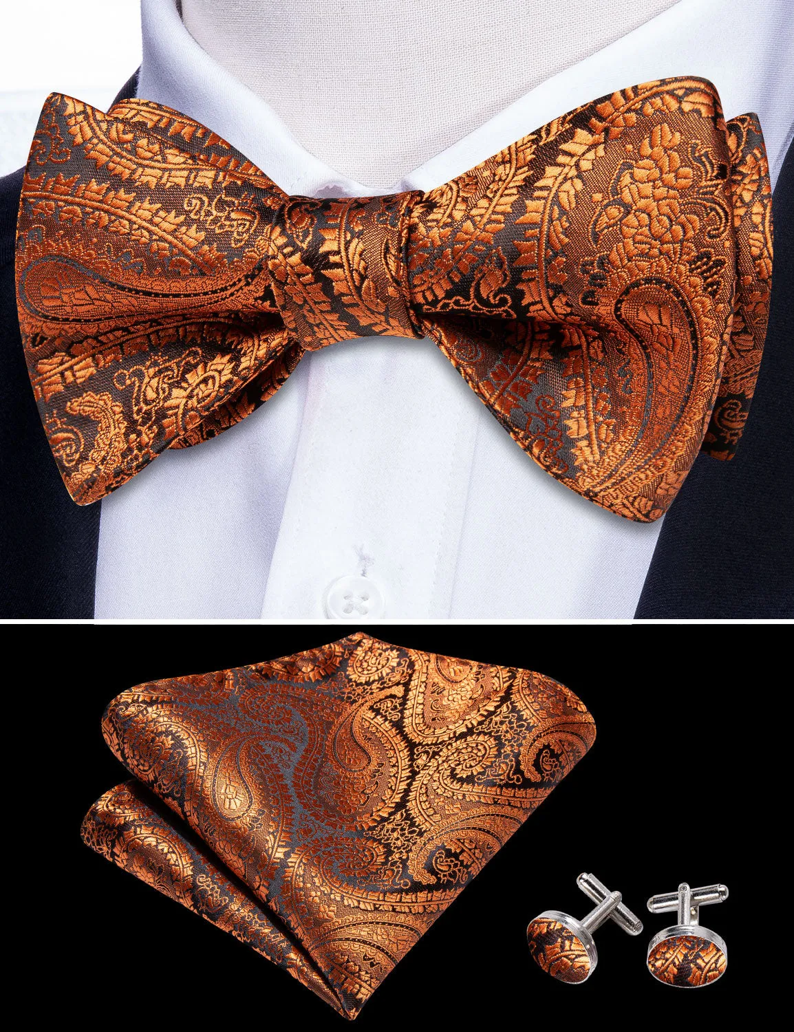 Bronze Brown Paisley Self-tied Silk Bow Tie Pocket Square Cufflinks Set sold by Ties2You product image thumbnail 3