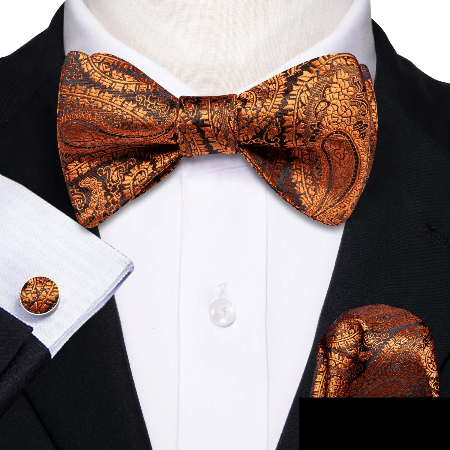 Bronze Brown Paisley Self-tied Silk Bow Tie Pocket Square Cufflinks Set sold by Ties2You