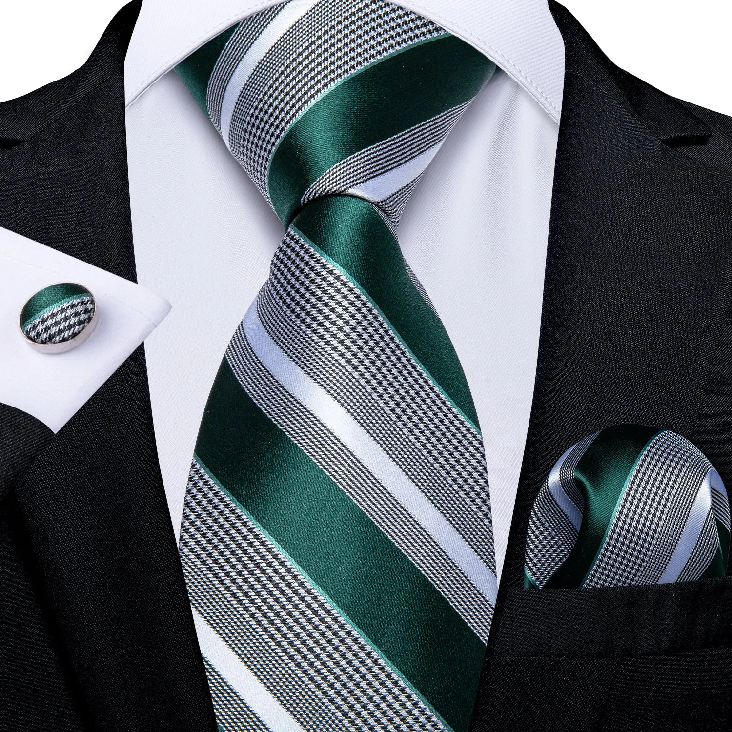 Ties2you Mens Formal Tie Hunter Green Striped Necktie Pocket Square Cufflinks Set sold by Ties2You