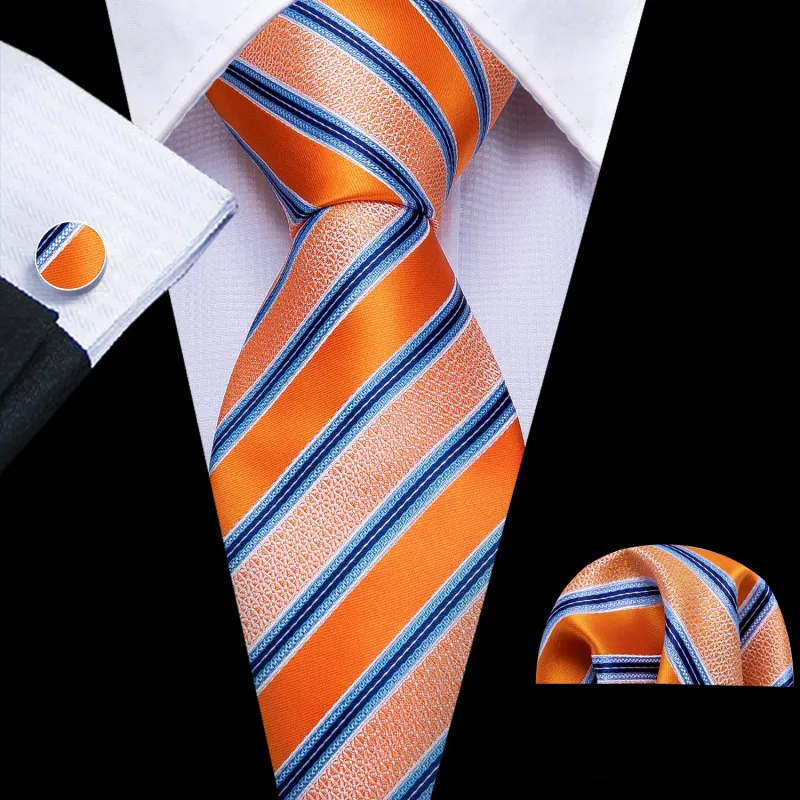 Ties2you Mens Striped Tie Business Orange Silk Necktie Handkercheif Cufflinks Set sold by Ties2You
