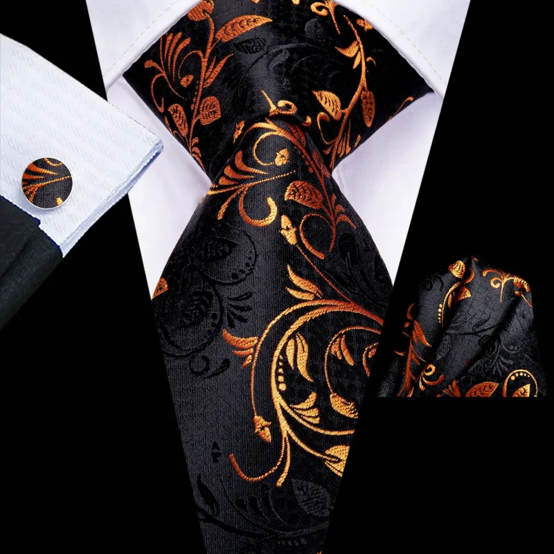 Ties2you Gold Floral Tie Black Silk Formal Suit Necktie Handkercheif Cufflinks Set sold by Ties2You