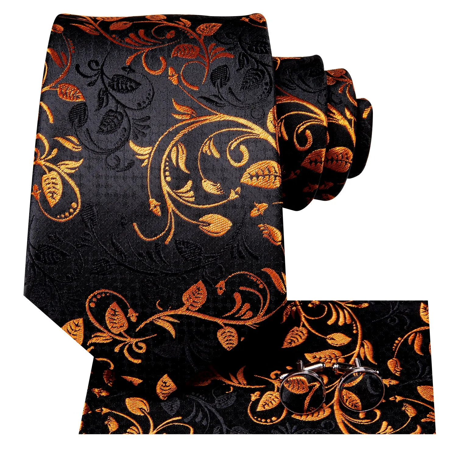 Ties2you Gold Floral Tie Black Silk Formal Suit Necktie Handkercheif Cufflinks Set sold by Ties2You product image thumbnail 2