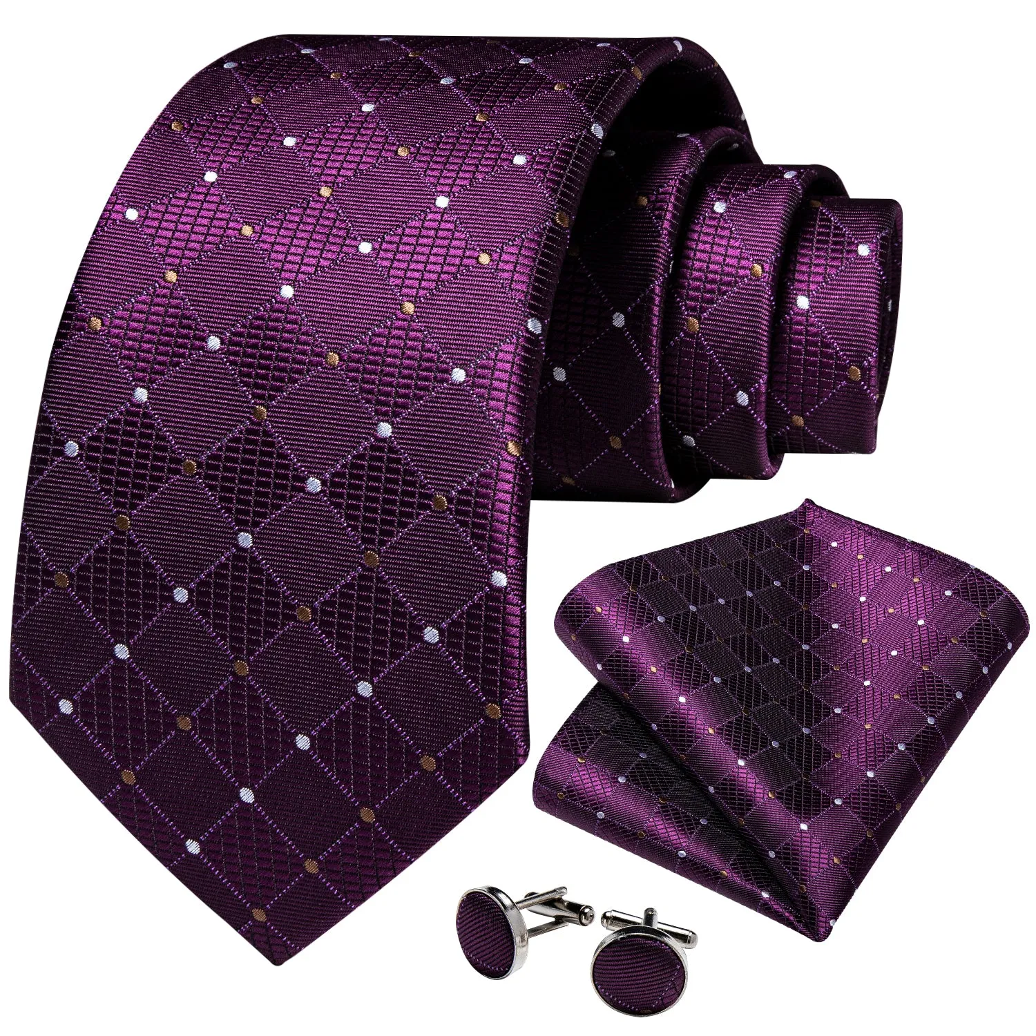 Ties2you Plum Purple Tie Party Plaid Polka Dot Necktie Hanky Cufflinks Set sold by Ties2You product image thumbnail 2