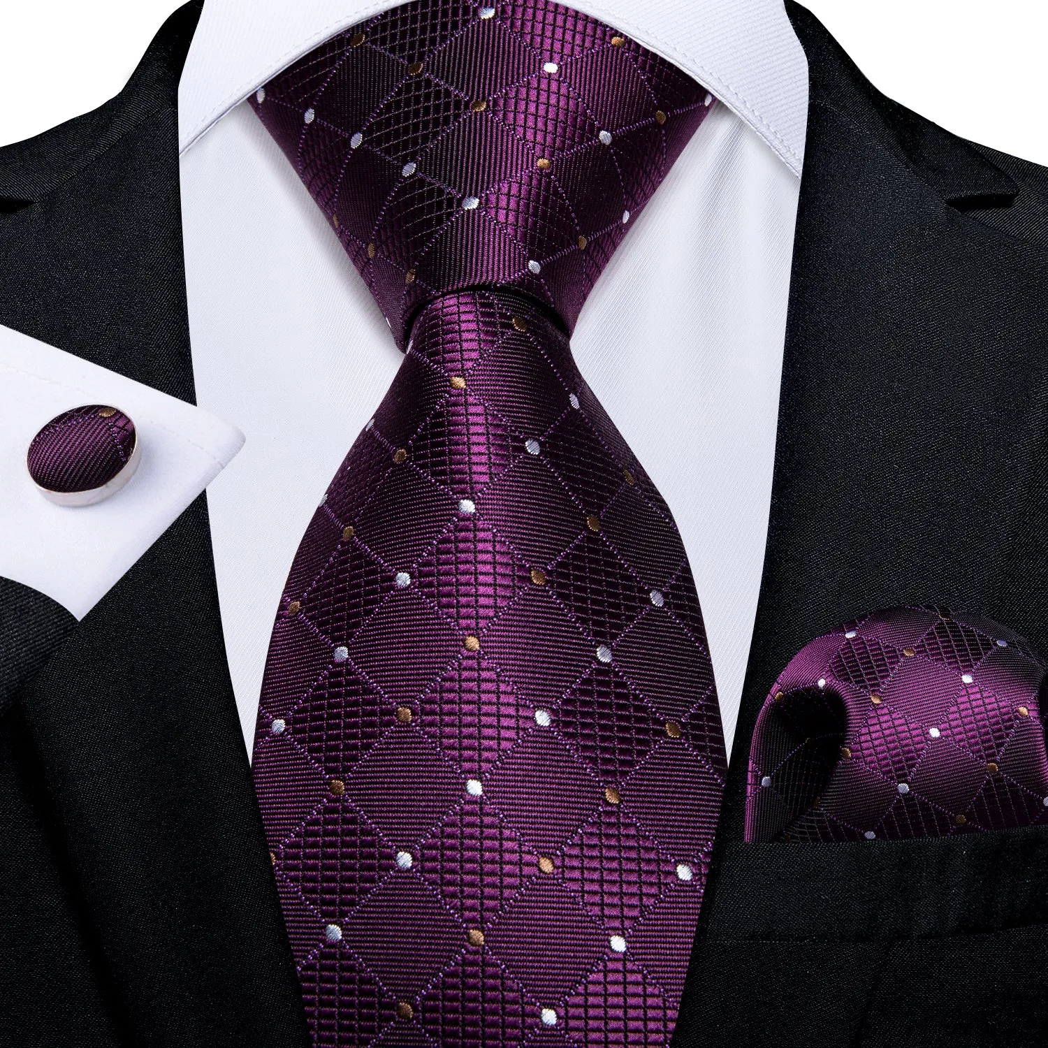 Ties2you Plum Purple Tie Party Plaid Polka Dot Necktie Hanky Cufflinks Set sold by Ties2You