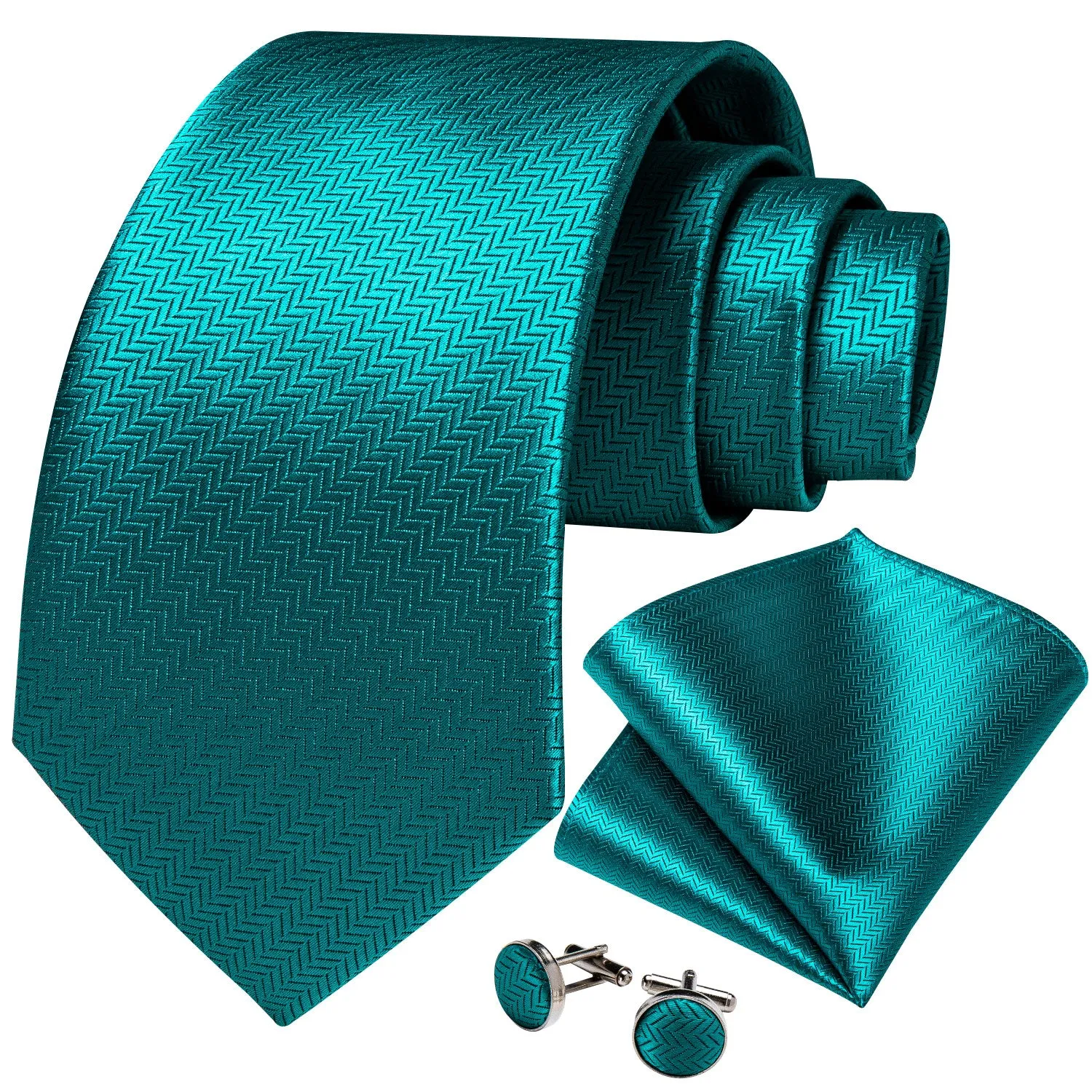 Ties2you Mens Solid Formal Necktie Teal Jacquard Prom Tie Hanky Cufflinks Set sold by Ties2You product image thumbnail 2