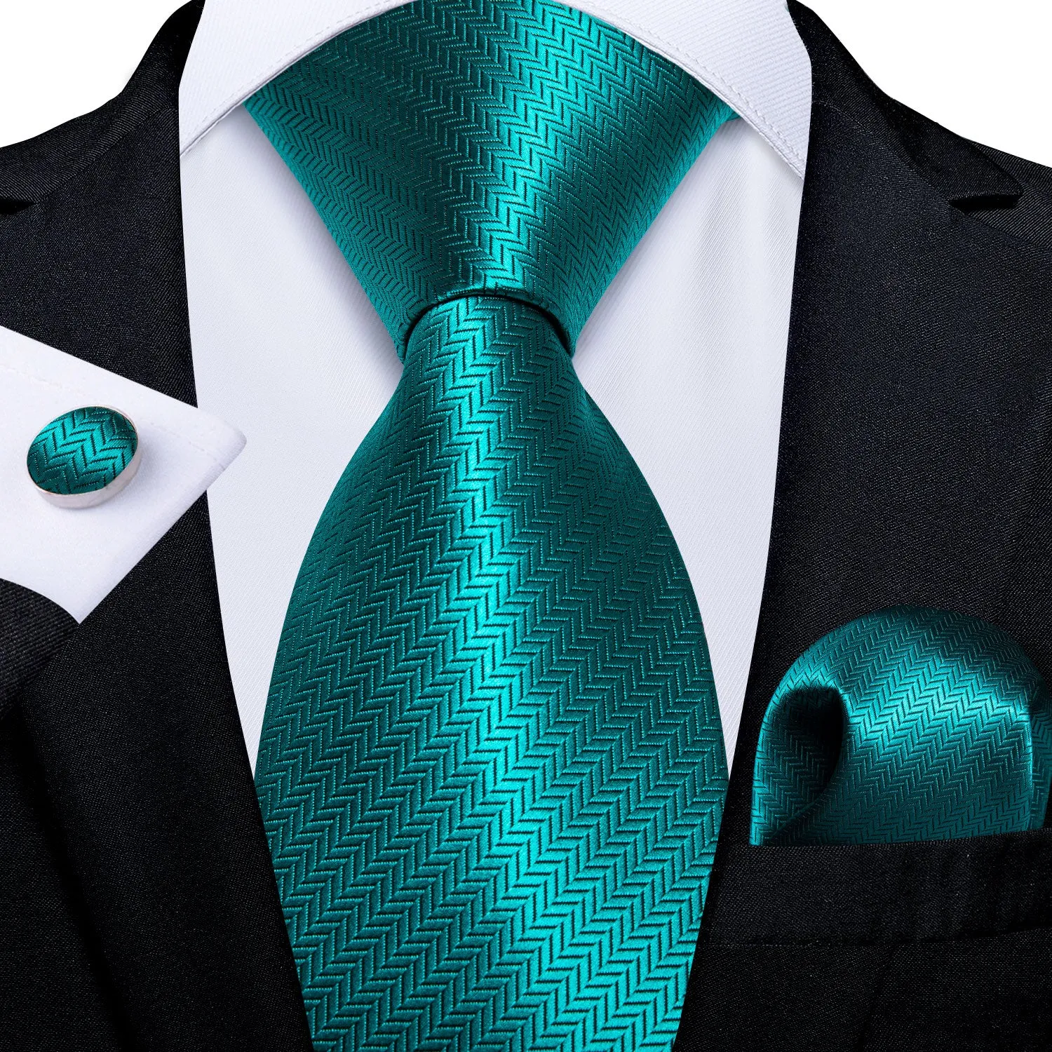 Ties2you Mens Solid Formal Necktie Teal Jacquard Prom Tie Hanky Cufflinks Set sold by Ties2You