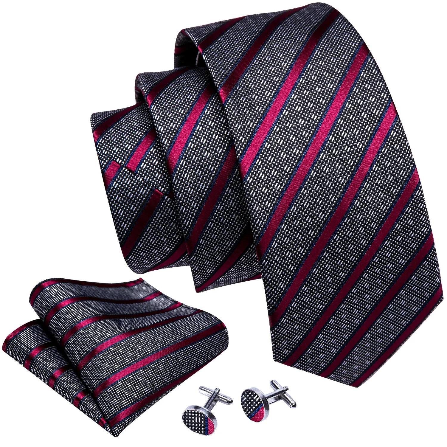 Gray Red Striped Necktie Pocket Square Cufflinks Set sold by Ties2You product image thumbnail 3