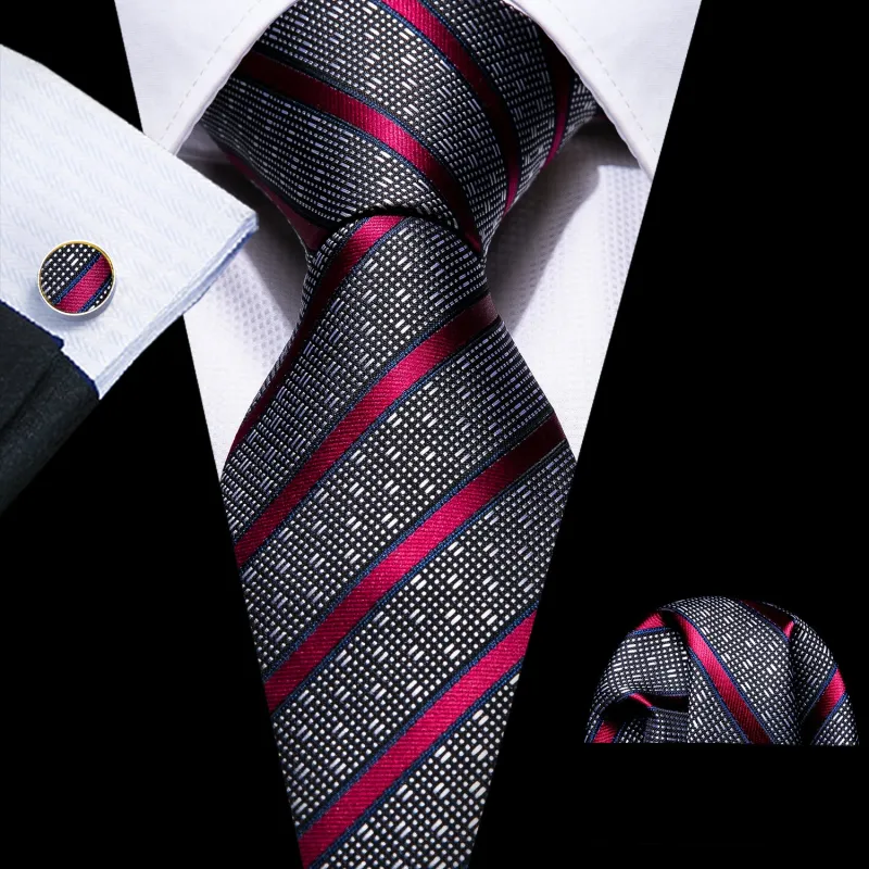 Gray Red Striped Necktie Pocket Square Cufflinks Set sold by Ties2You