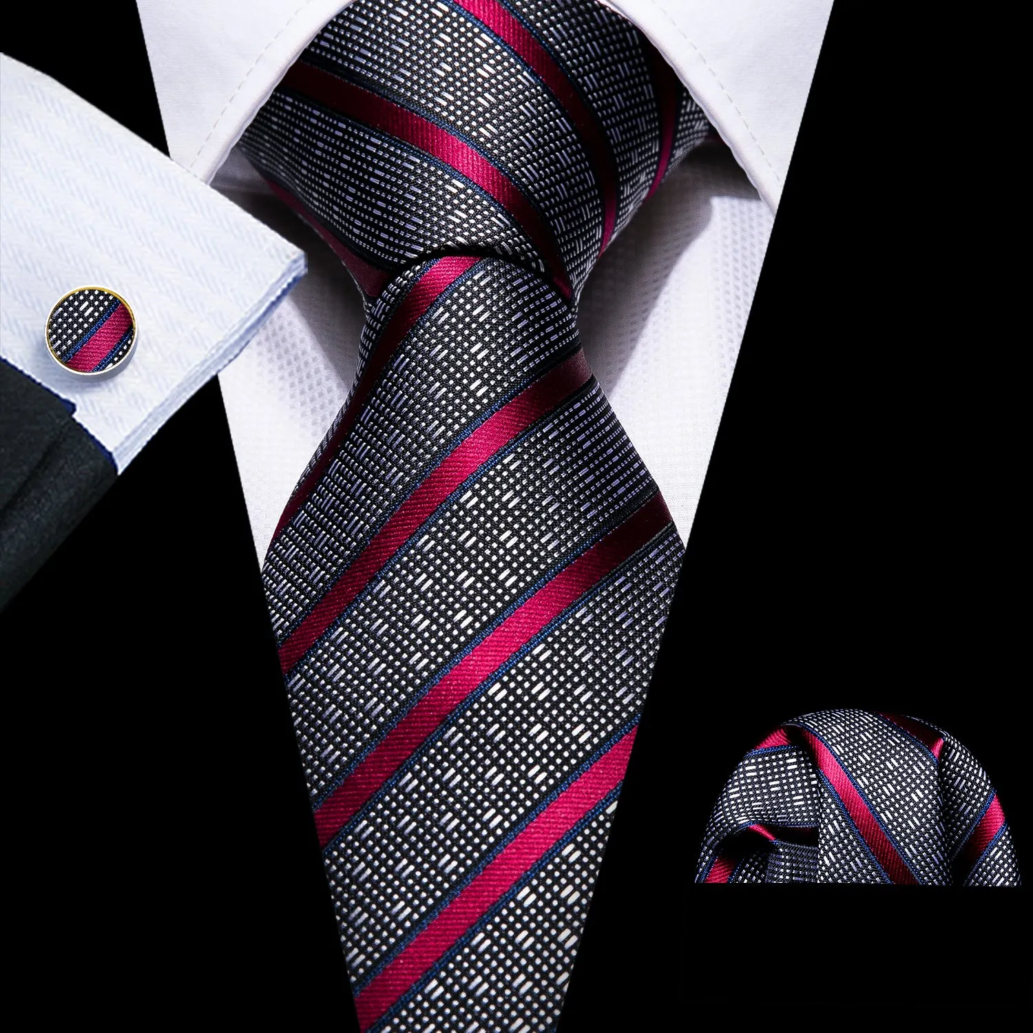 Gray Red Striped Necktie Pocket Square Cufflinks Set sold by Ties2You