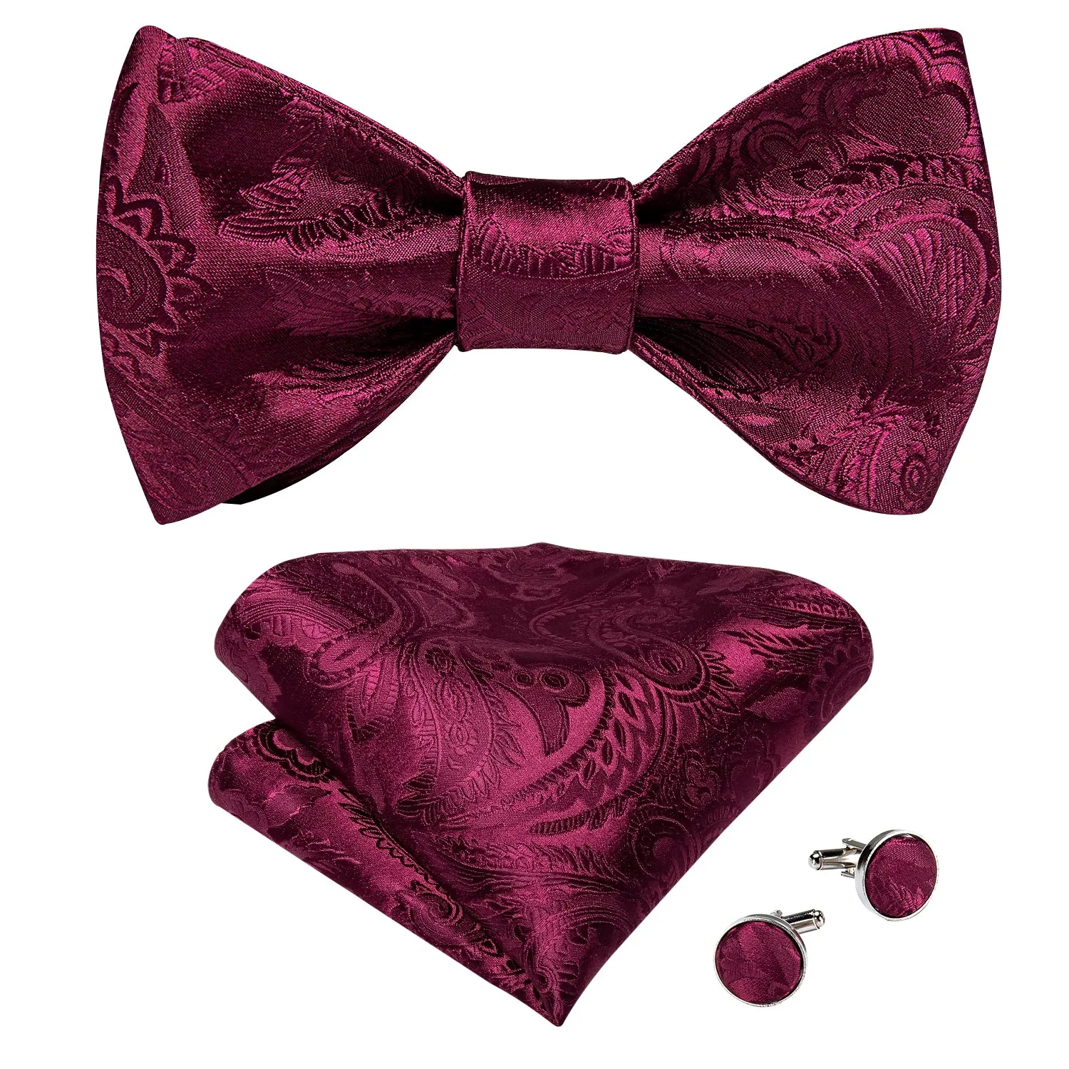Ties2you Wine Red Paisley Self-Tied Silk Bow Tie Handkerchief Cufflinks Set With Lapel Pin sold by Ties2You product image thumbnail 3