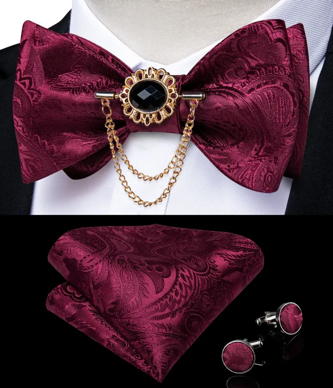 Ties2you Wine Red Paisley Self-Tied Silk Bow Tie Handkerchief Cufflinks Set With Lapel Pin sold by Ties2You