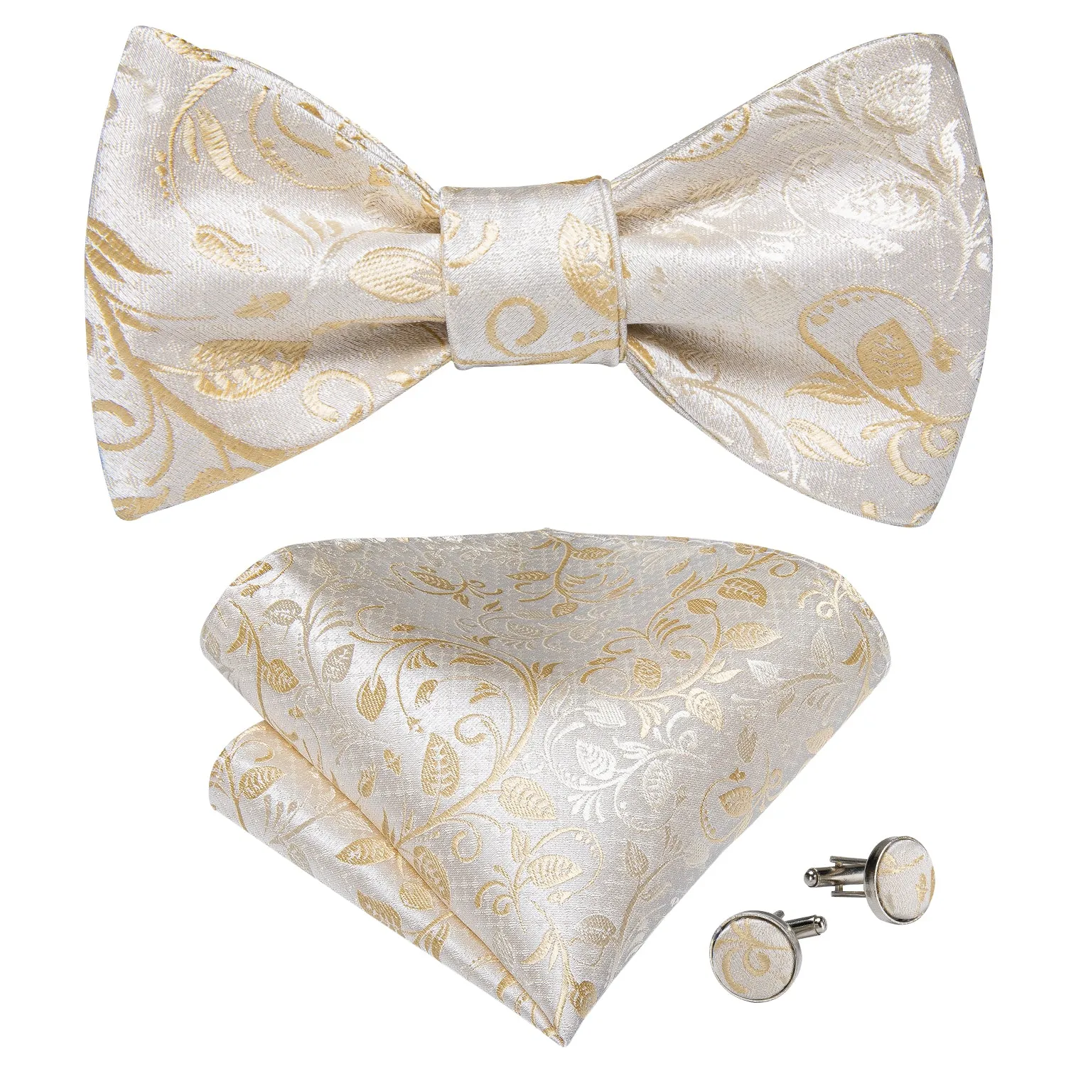 Champagne Floral Self-tied Silk Bow Tie Pocket Square Cufflinks Set with Lapel Pin sold by Ties2You product image thumbnail 4