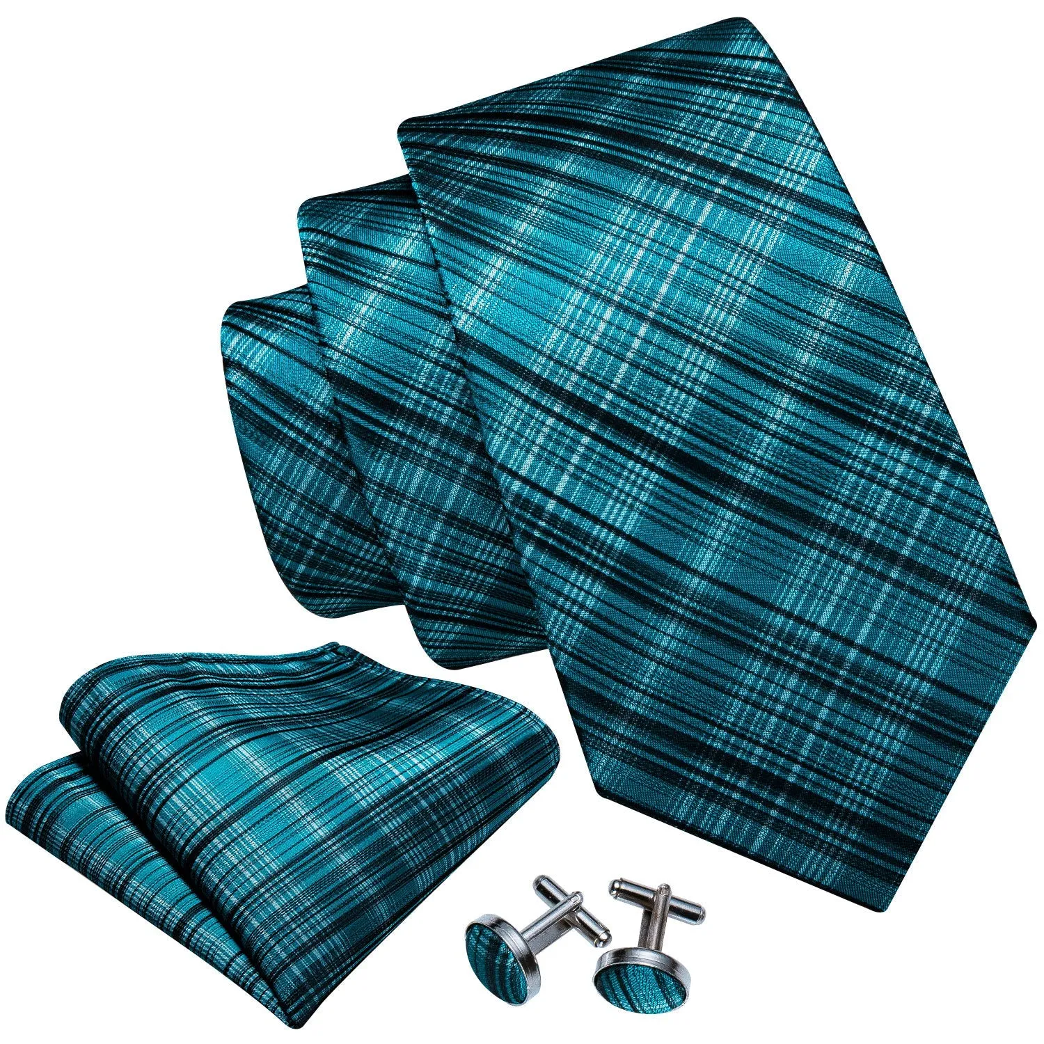 Ties2you Black Tie Turquoise Blue Plaid Men's Tie Handkerchief Cufflinks Set Top sold by Ties2You product image thumbnail 4