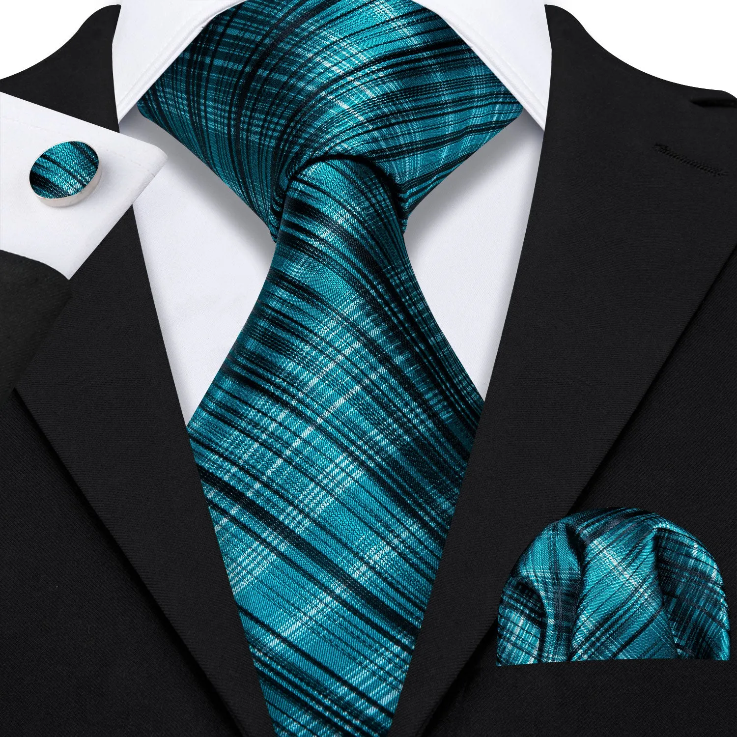Ties2you Black Tie Turquoise Blue Plaid Men's Tie Handkerchief Cufflinks Set Top sold by Ties2You