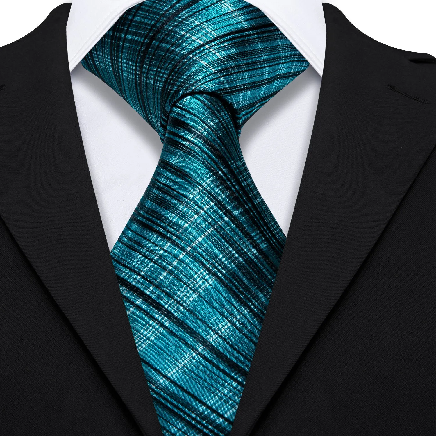 Ties2you Black Tie Turquoise Blue Plaid Men's Tie Handkerchief Cufflinks Set Top sold by Ties2You product image thumbnail 3
