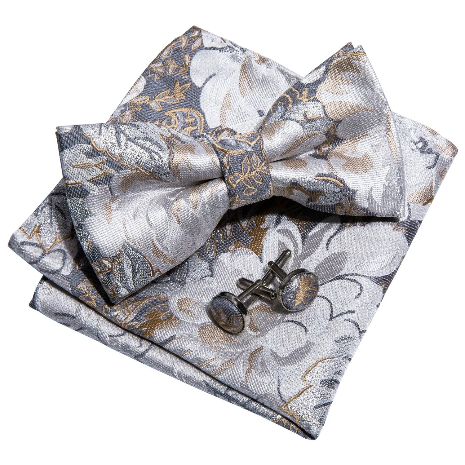 Grey White Champagne Floral Pre-tied Bow Tie Hanky Cufflinks Set sold by Ties2You product image thumbnail 4