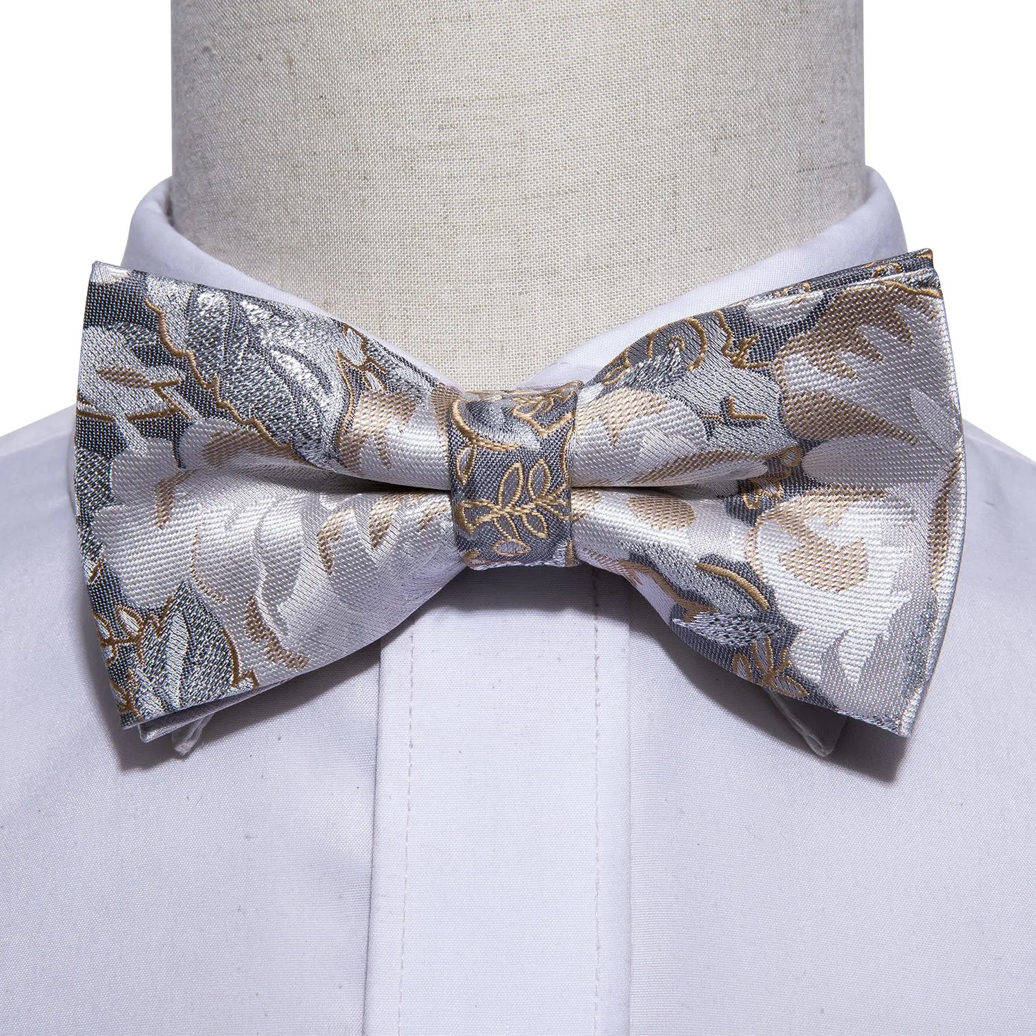 Grey White Champagne Floral Pre-tied Bow Tie Hanky Cufflinks Set sold by Ties2You product image thumbnail 2