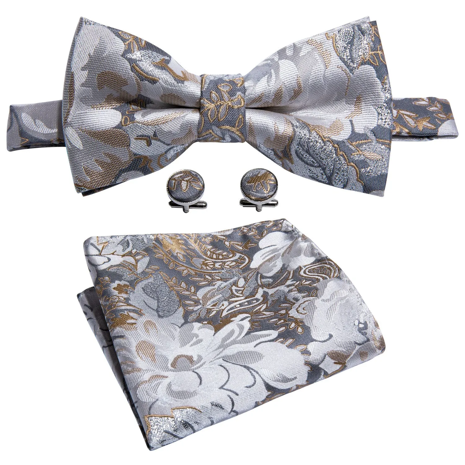 Grey White Champagne Floral Pre-tied Bow Tie Hanky Cufflinks Set sold by Ties2You product image thumbnail 5