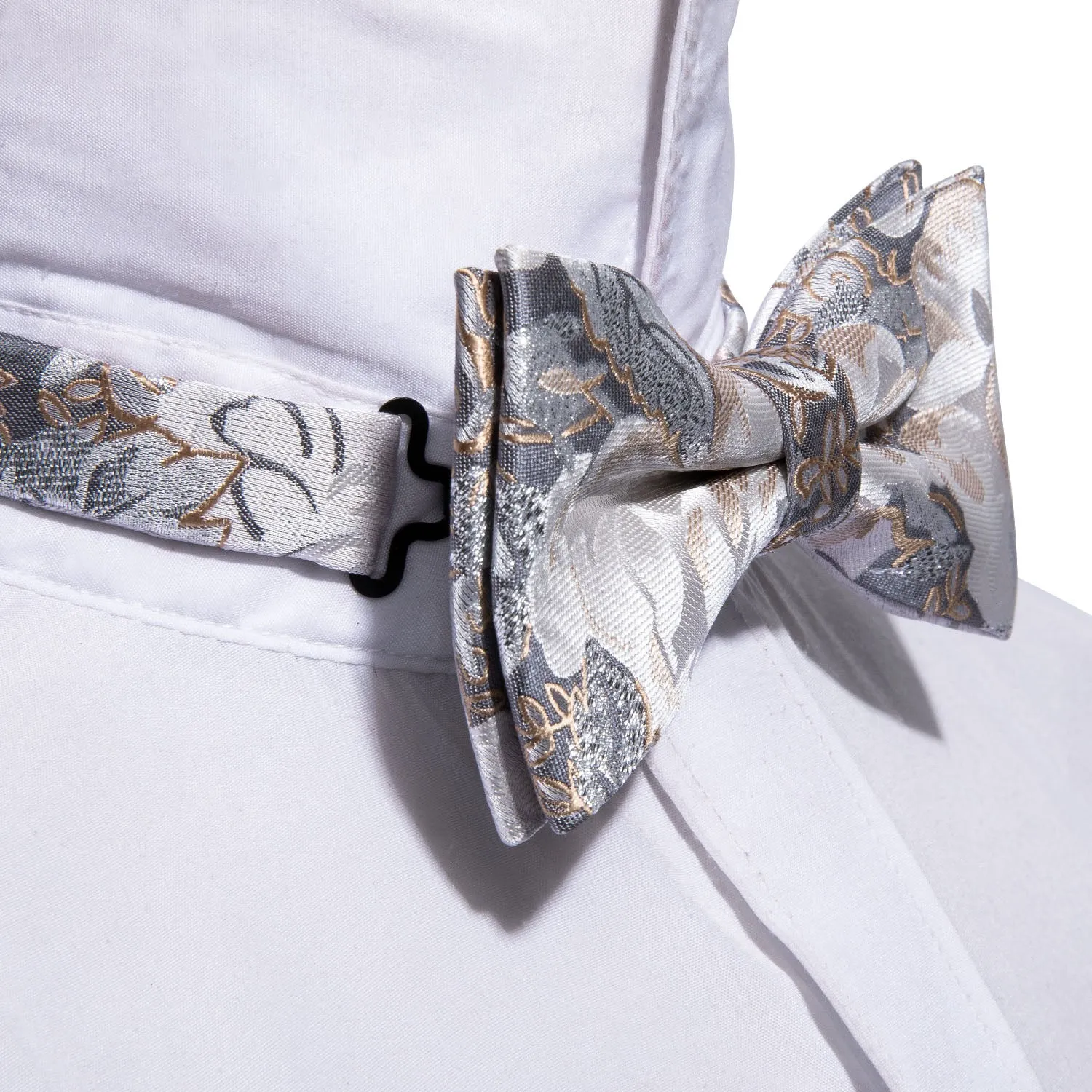 Grey White Champagne Floral Pre-tied Bow Tie Hanky Cufflinks Set sold by Ties2You product image thumbnail 3