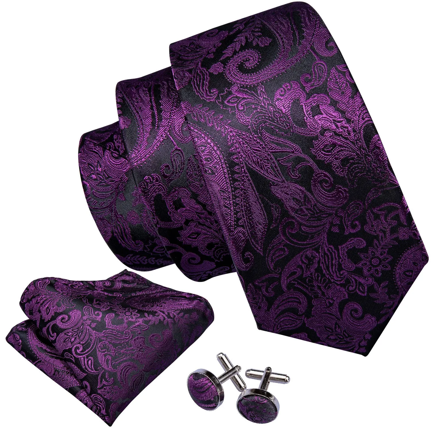 Black Purple Paisley Necktie Pocket Square Cufflinks Set sold by Ties2You product image thumbnail 3