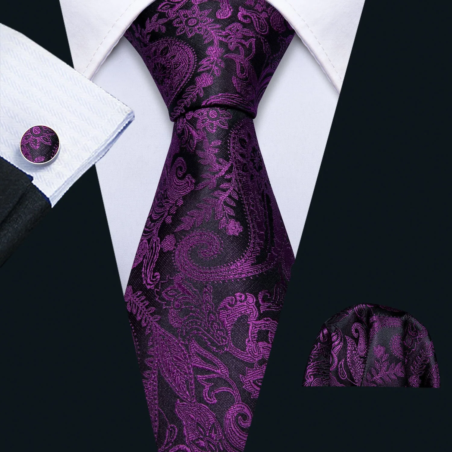Black Purple Paisley Necktie Pocket Square Cufflinks Set sold by Ties2You