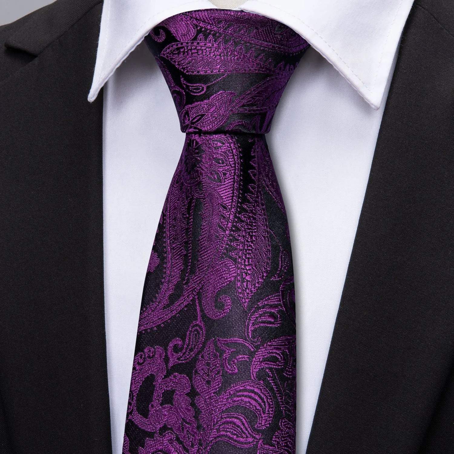 Black Purple Paisley Necktie Pocket Square Cufflinks Set sold by Ties2You product image thumbnail 5