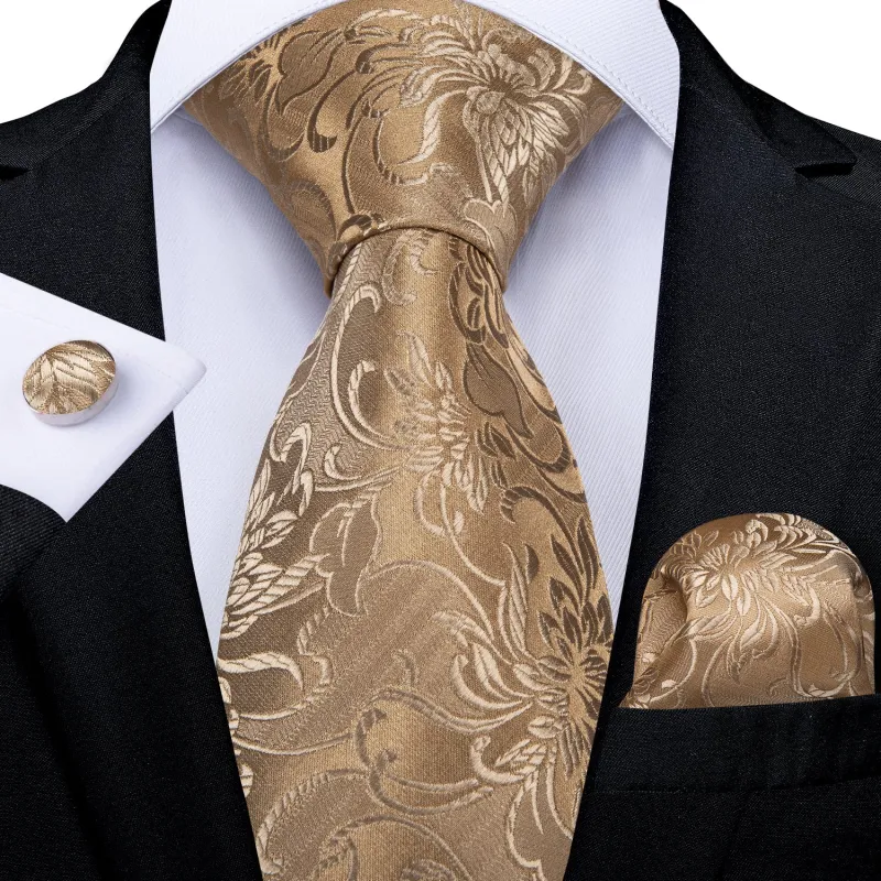 Champagne Gold Floral Men's Tie Pocket Square Cufflinks Set sold by Ties2You