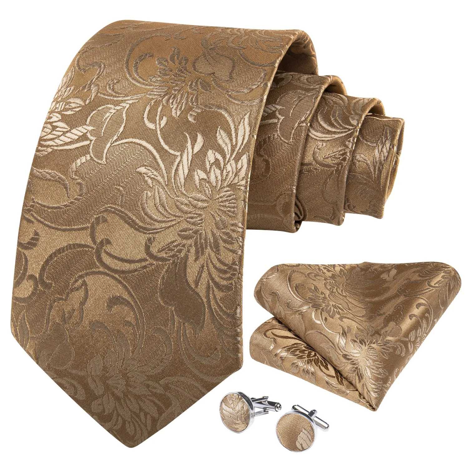 Champagne Gold Floral Men's Tie Pocket Square Cufflinks Set sold by Ties2You product image thumbnail 2